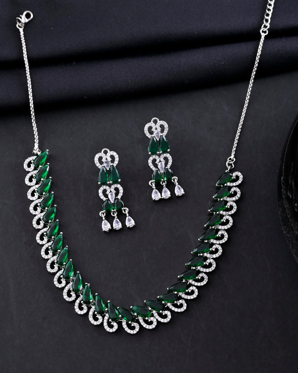 VOJ Silver Plated AD And Green Stone Tear Drop Shaped Necklace Set