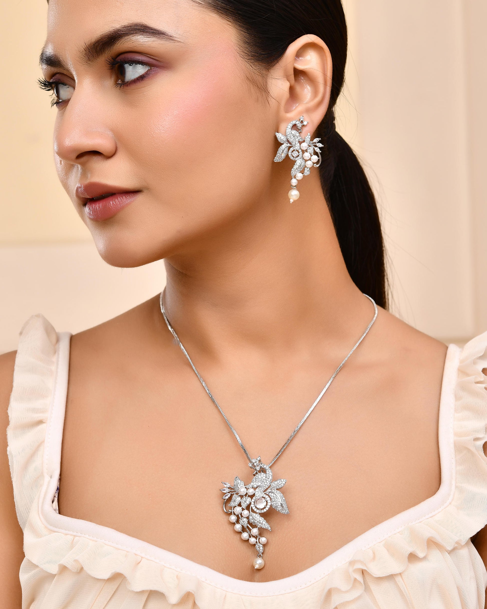 VOJ Silver Plated AD And Pear Studded Peacock Shaped Chain Set - Distacart