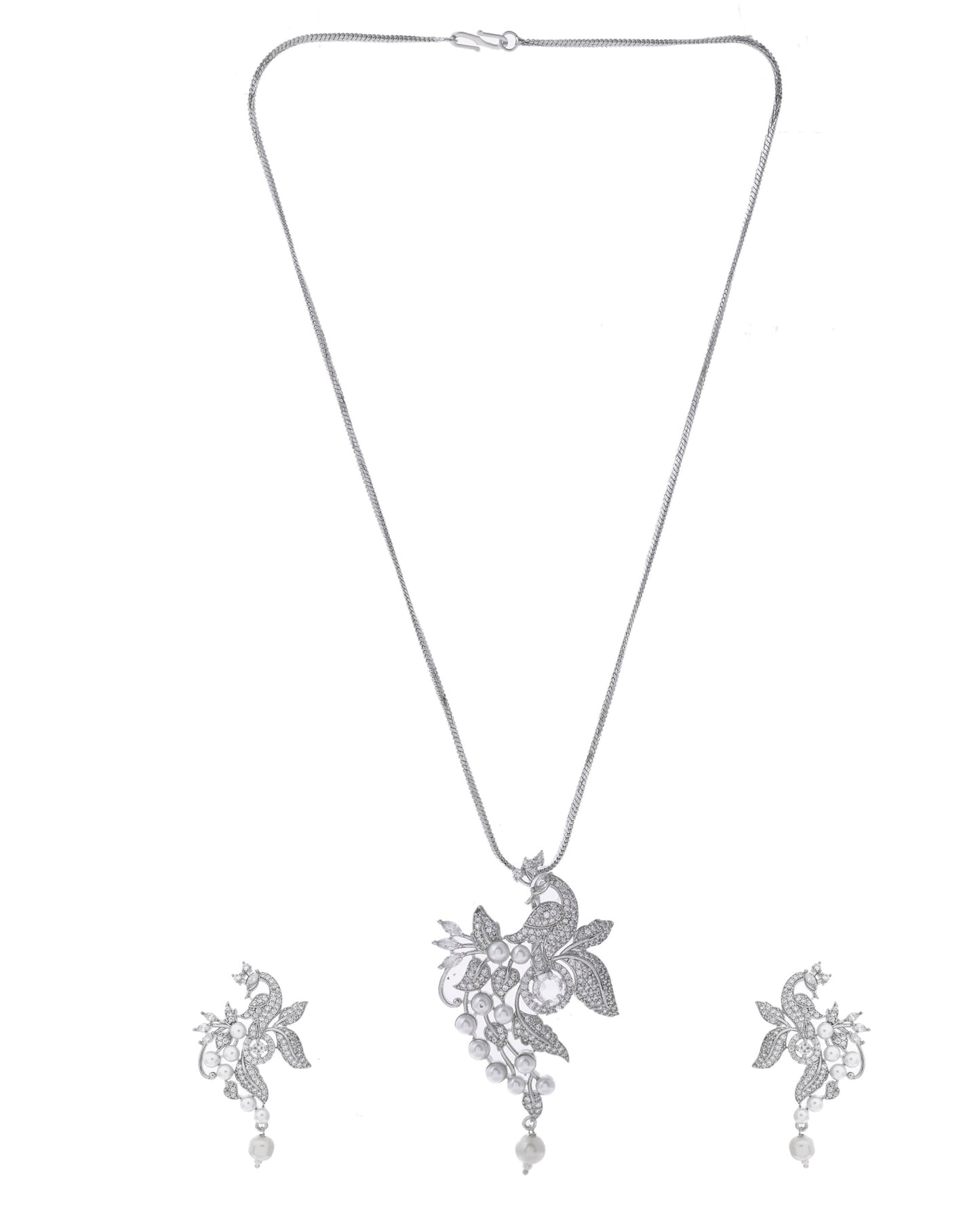 VOJ Silver Plated AD And Pear Studded Peacock Shaped Chain Set - Distacart