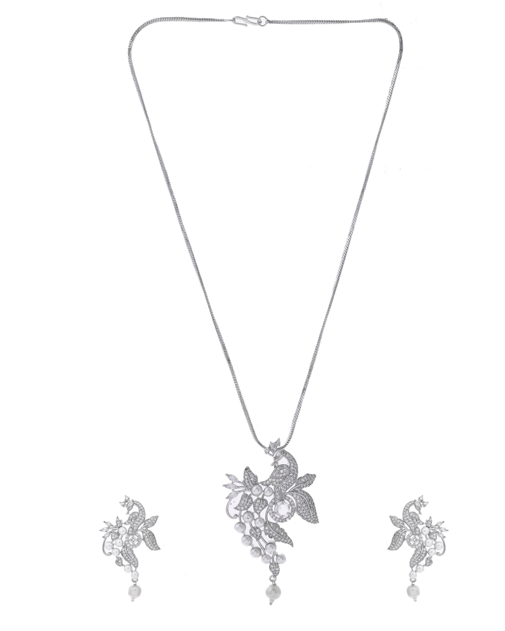 VOJ Silver Plated AD And Pear Studded Peacock Shaped Chain Set - Distacart