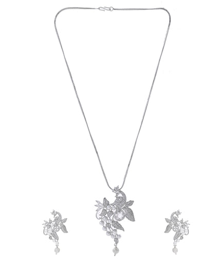 VOJ Silver Plated AD And Pear Studded Peacock Shaped Chain Set - Distacart