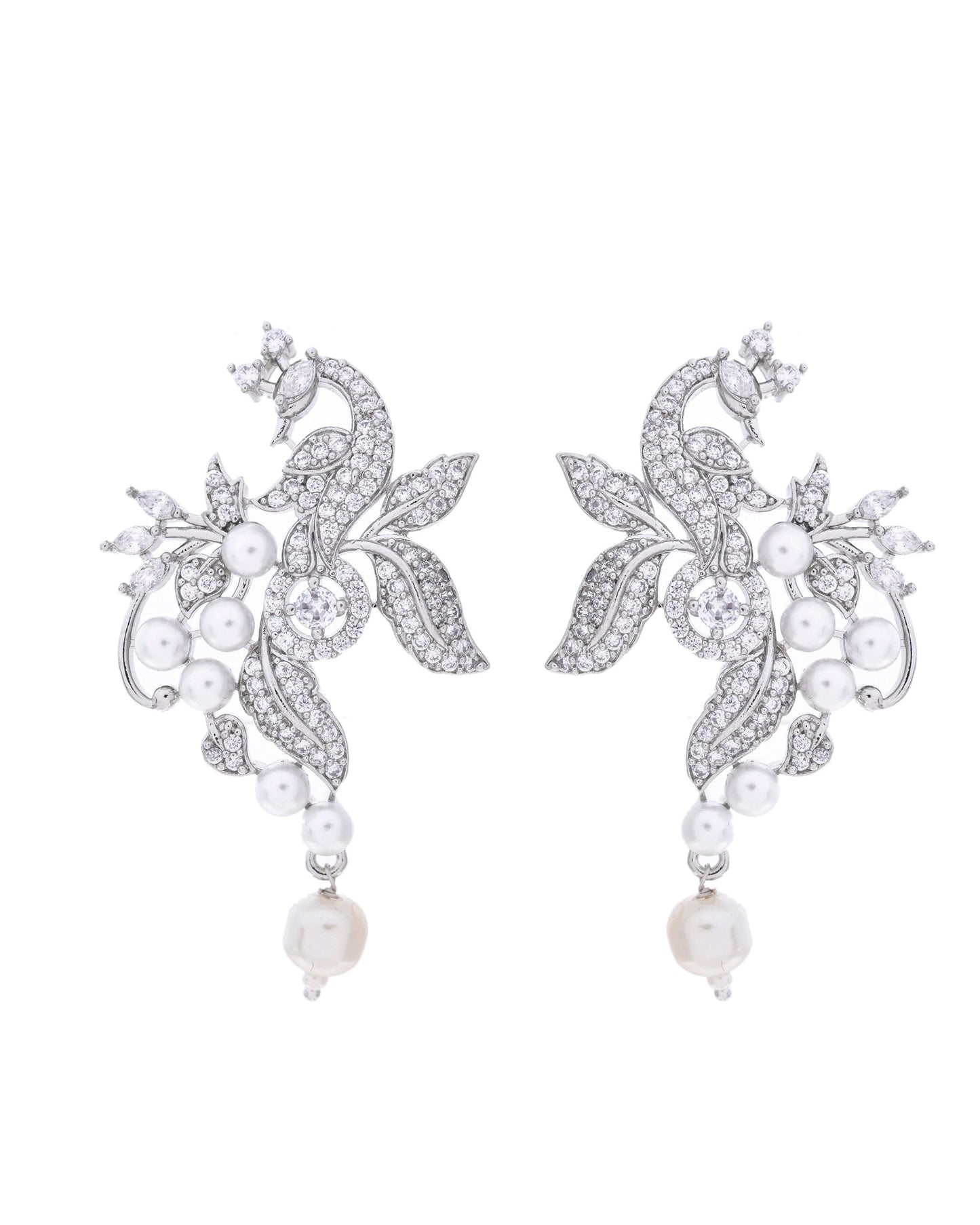 VOJ Silver Plated AD And Pear Studded Peacock Shaped Chain Set - Distacart