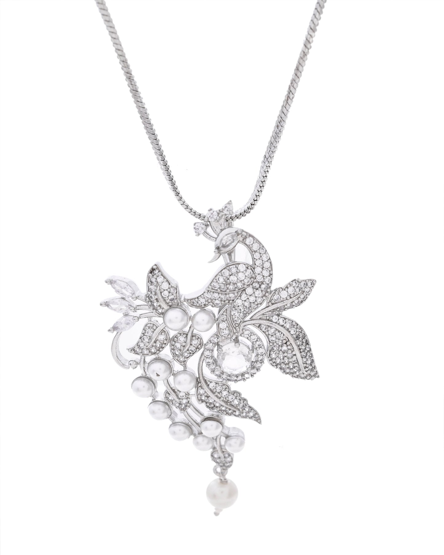 VOJ Silver Plated AD And Pear Studded Peacock Shaped Chain Set - Distacart