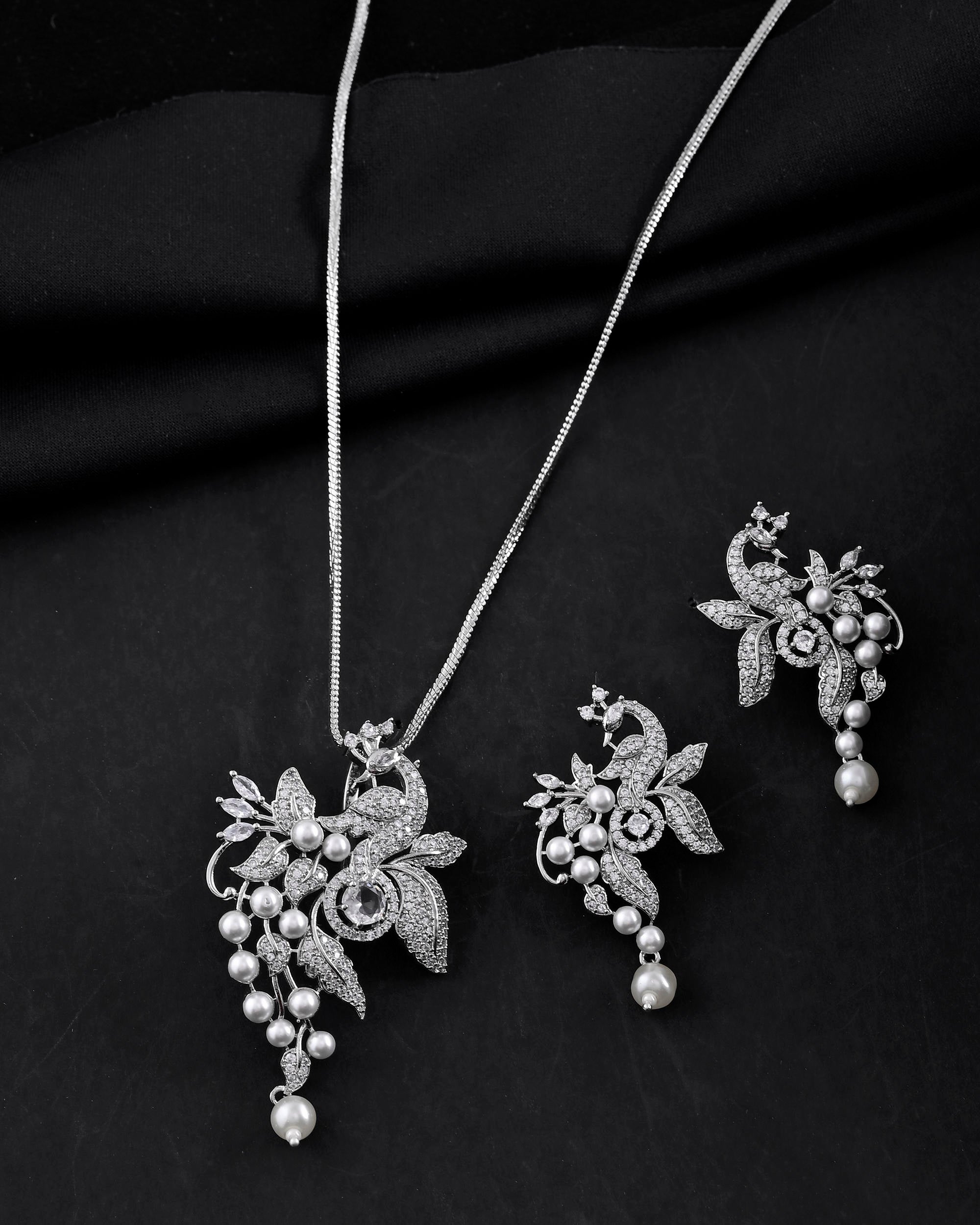 VOJ Silver Plated AD And Pear Studded Peacock Shaped Chain Set - Distacart