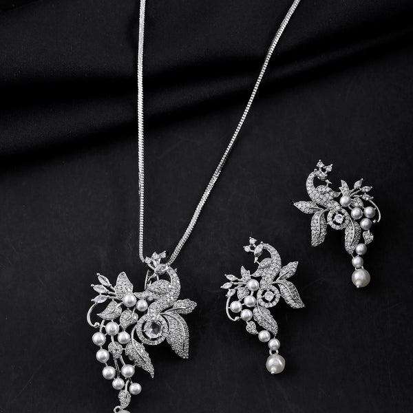 VOJ Silver Plated AD And Pear Studded Peacock Shaped Chain Set - Distacart