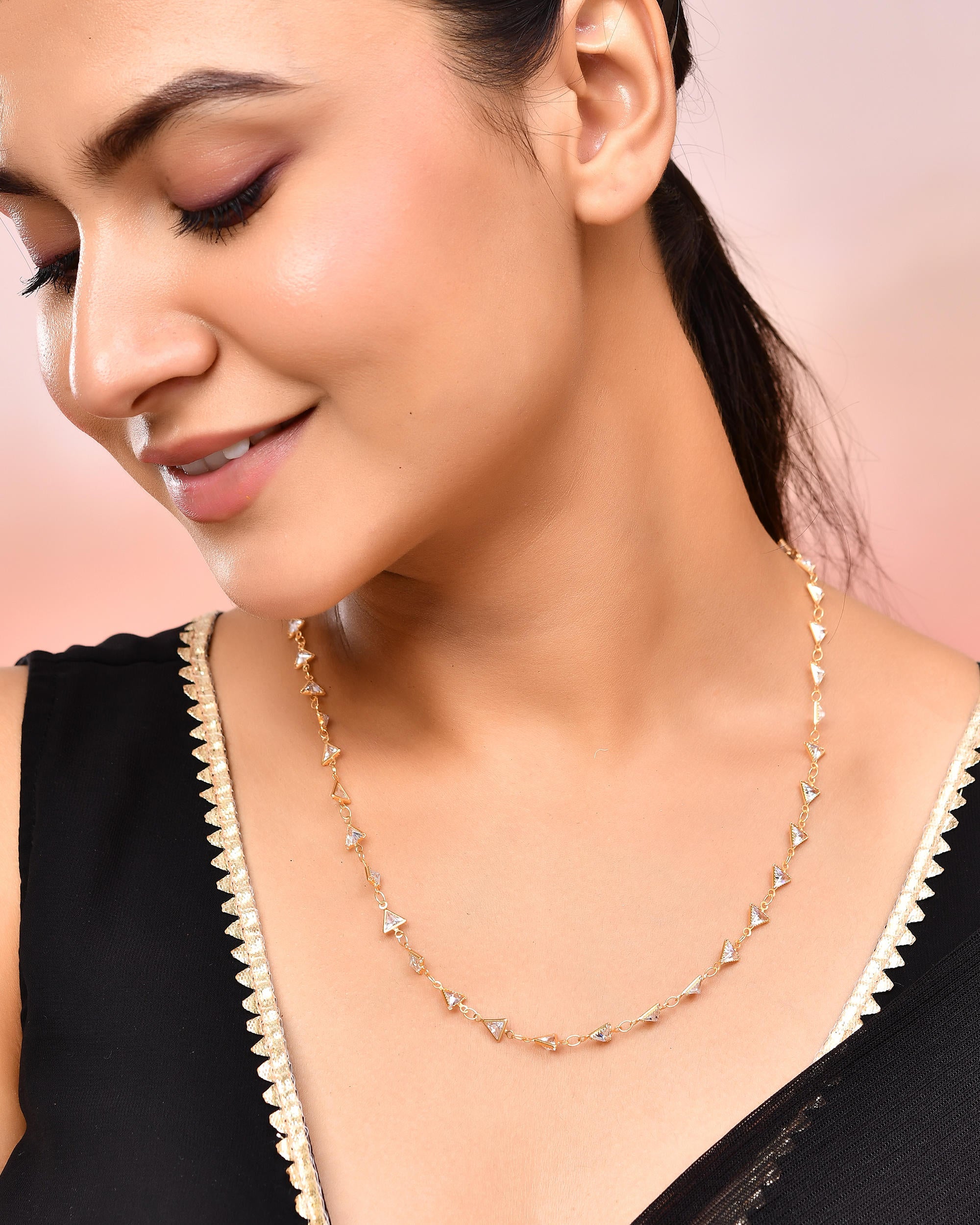 VOJ Women Gold-Polished Triangular Stone Studded Chain - Distacart