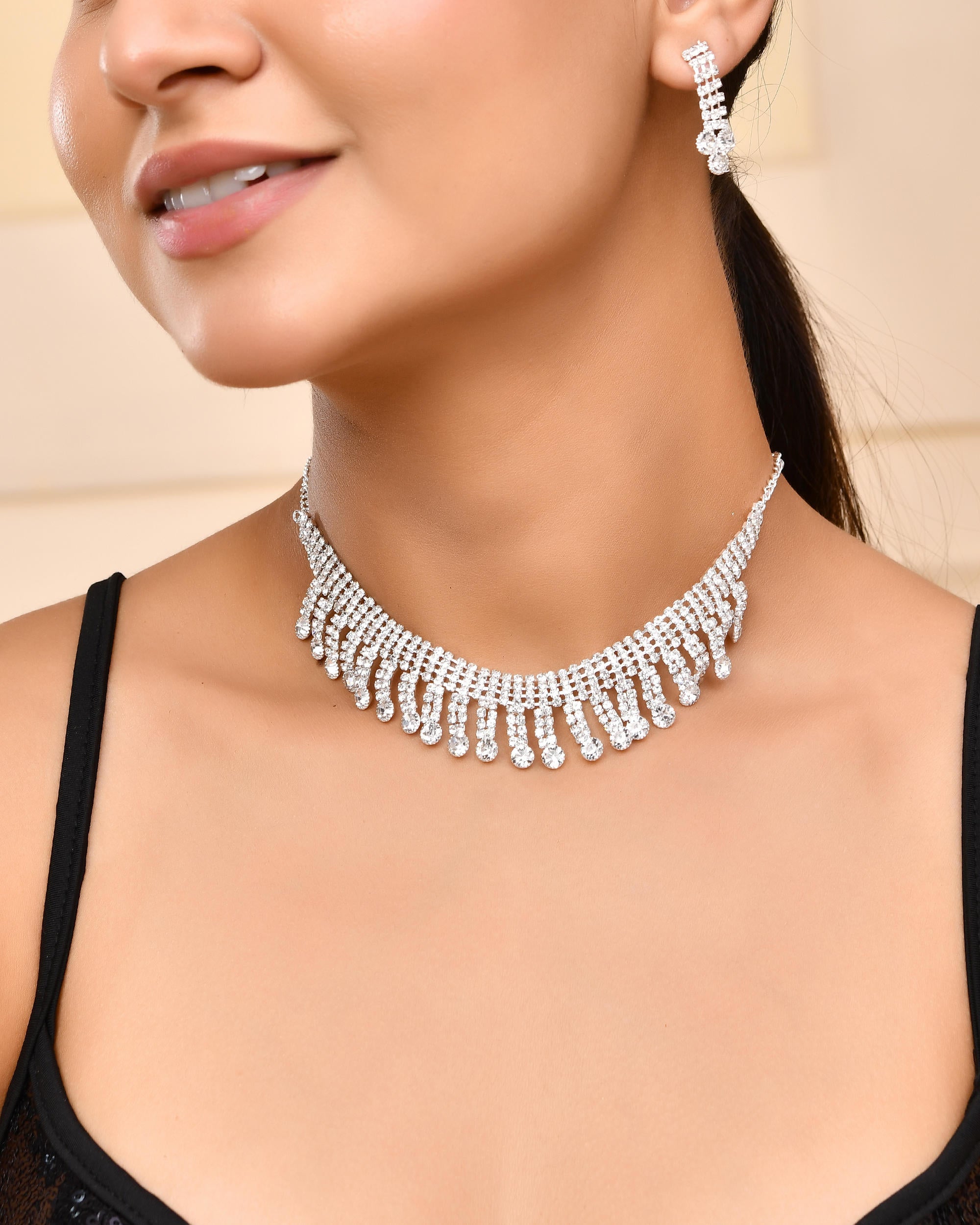 VOJ Silver Plated CZ Stone Studded Necklace Set - Distacart