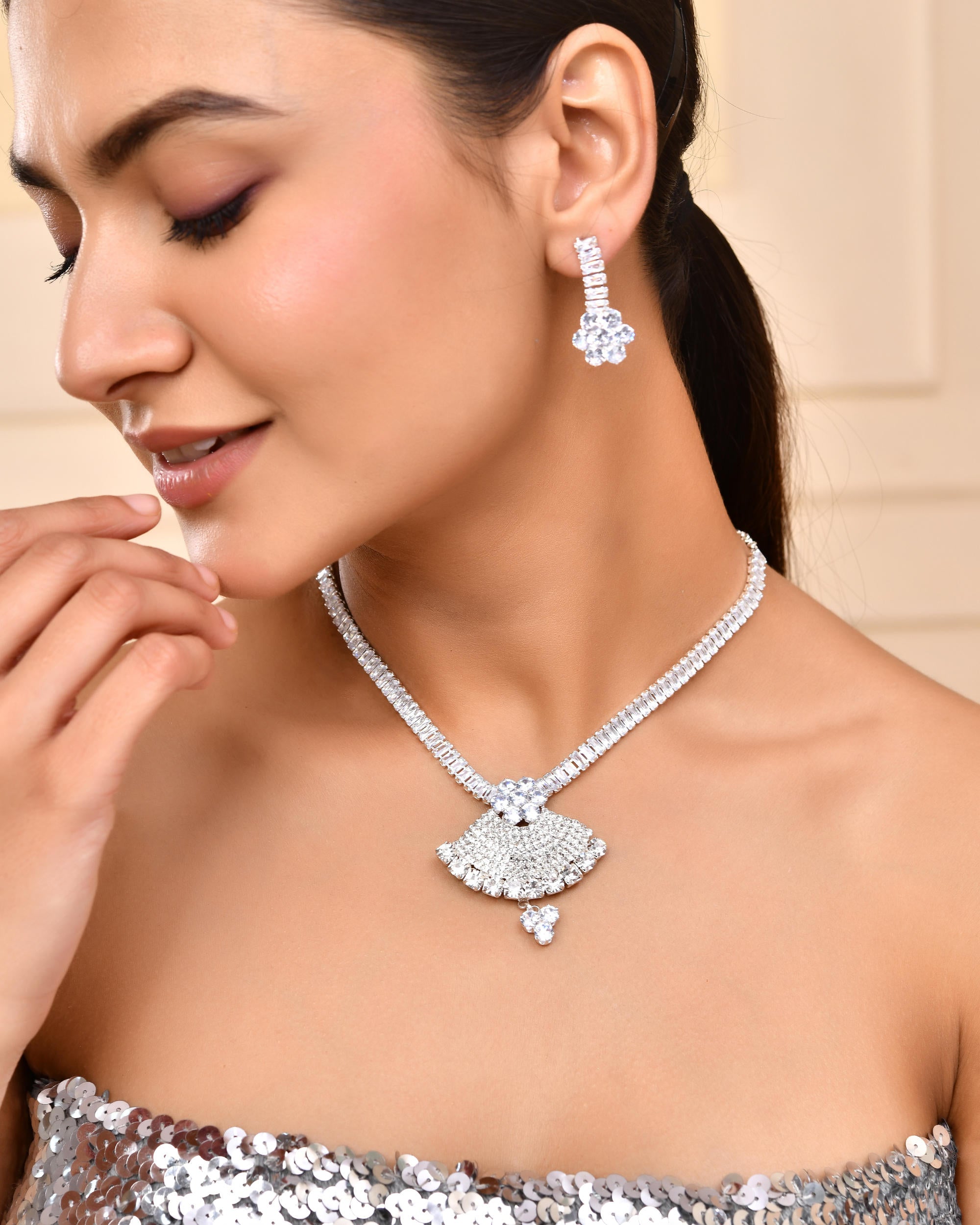 VOJ Silver Plated CZ Stone Studded Designer Jewellery Set - Distacart