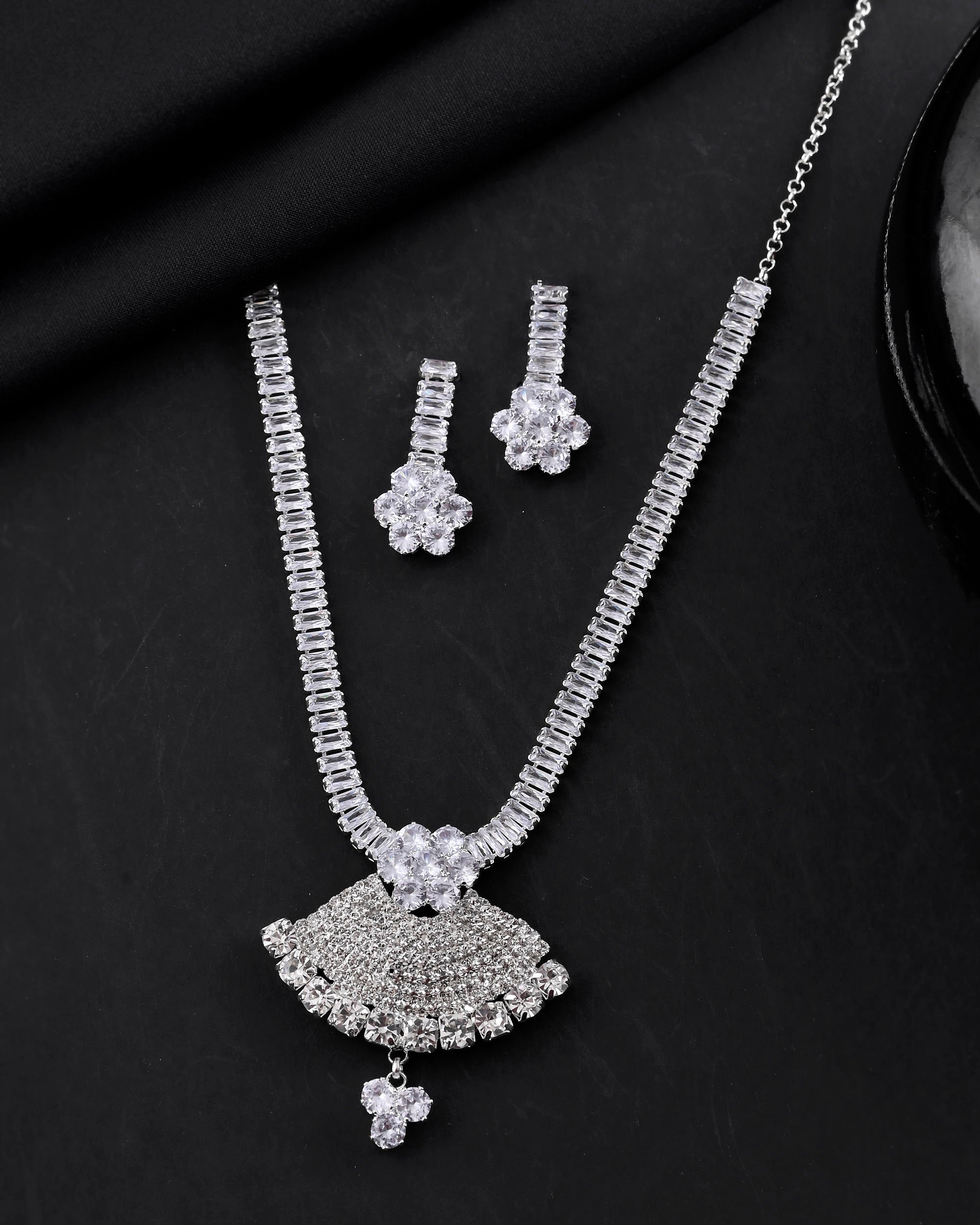 VOJ Silver Plated CZ Stone Studded Designer Jewellery Set - Distacart