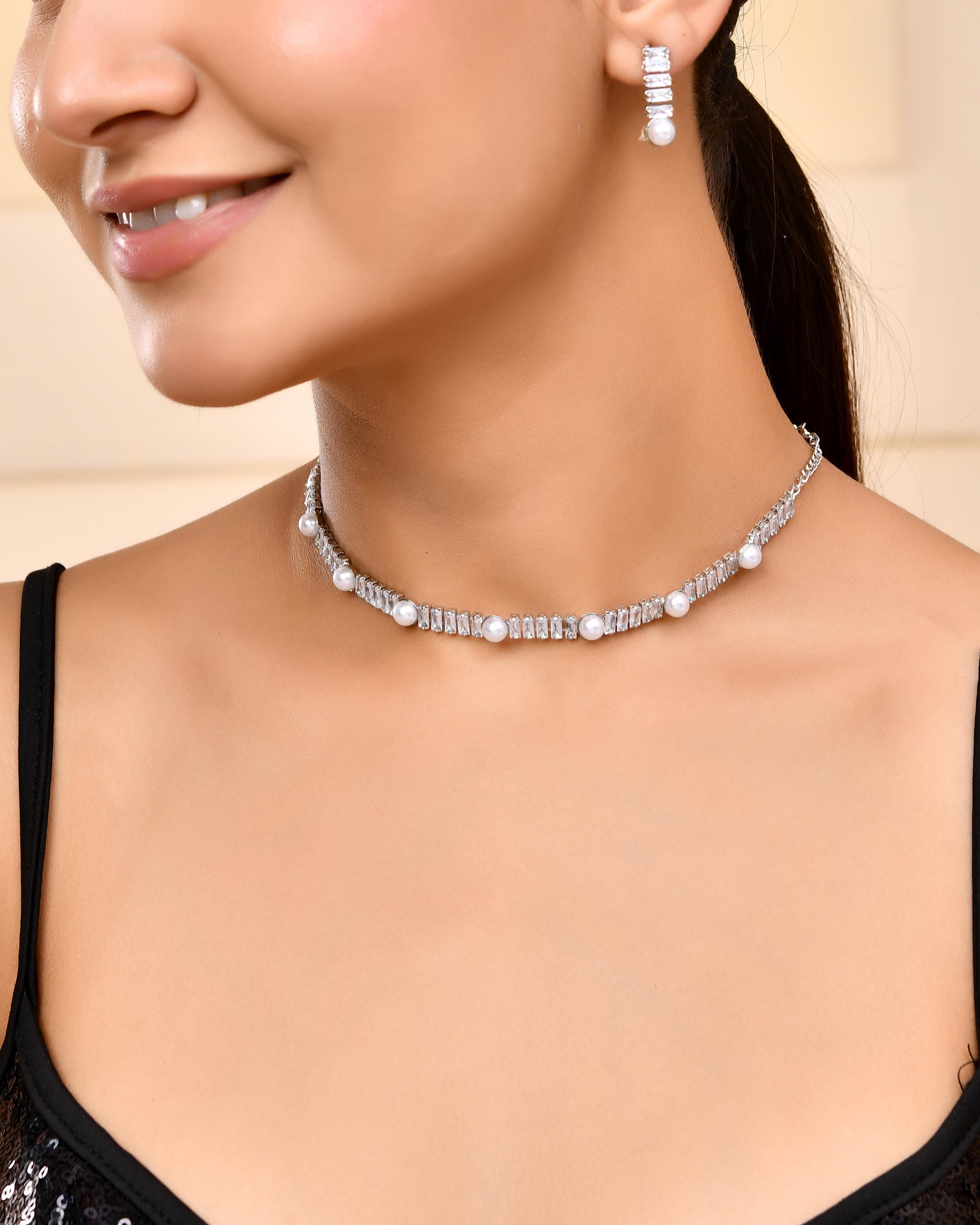 VOJ Silver Plated Pearl And Stone Studded Necklace Set - Distacart