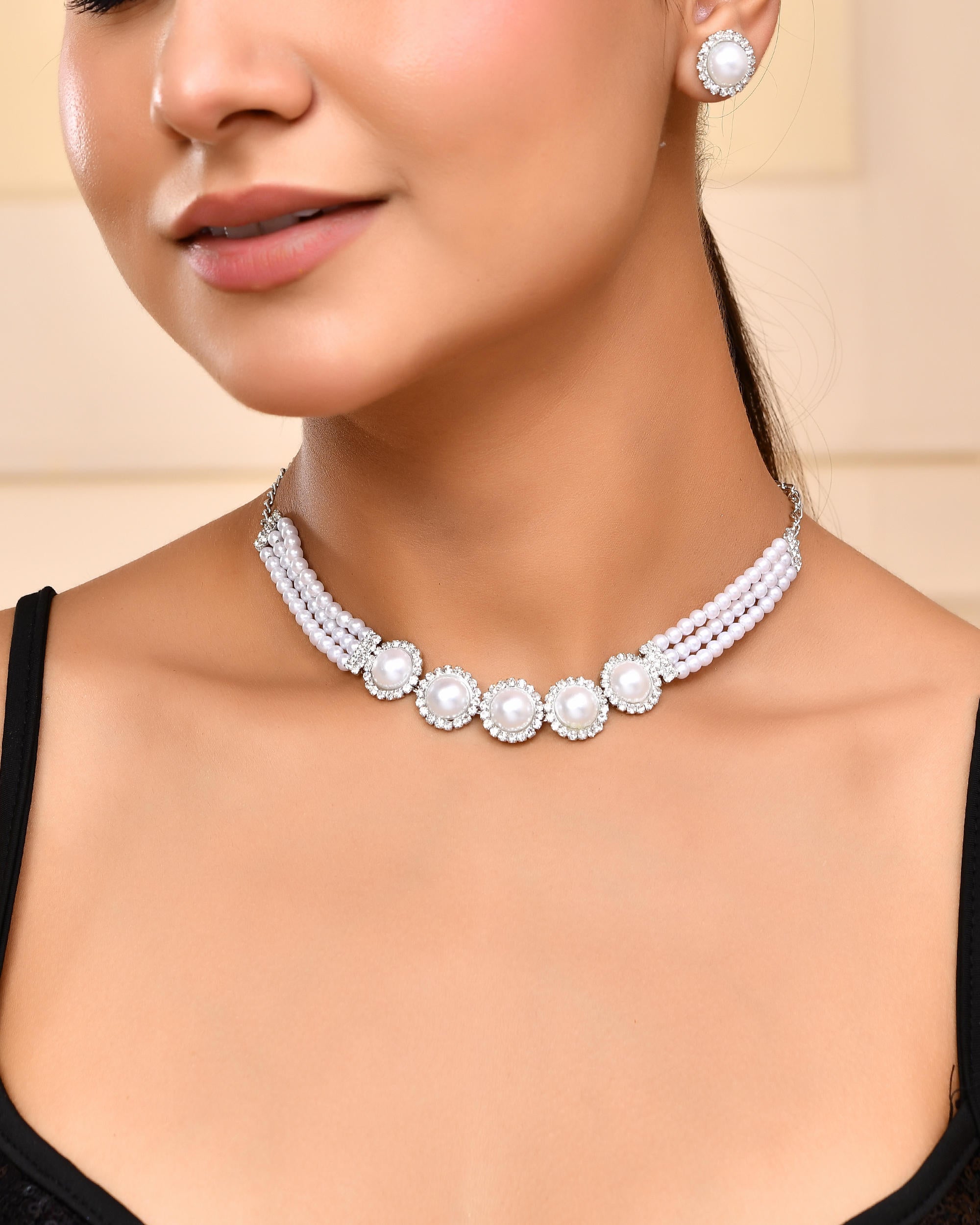 VOJ Silver Plated White Pearl And CZ Stone Choker Set - Distacart