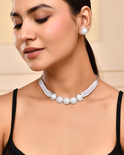 VOJ Silver Plated White Pearl And CZ Stone Choker Set - Distacart