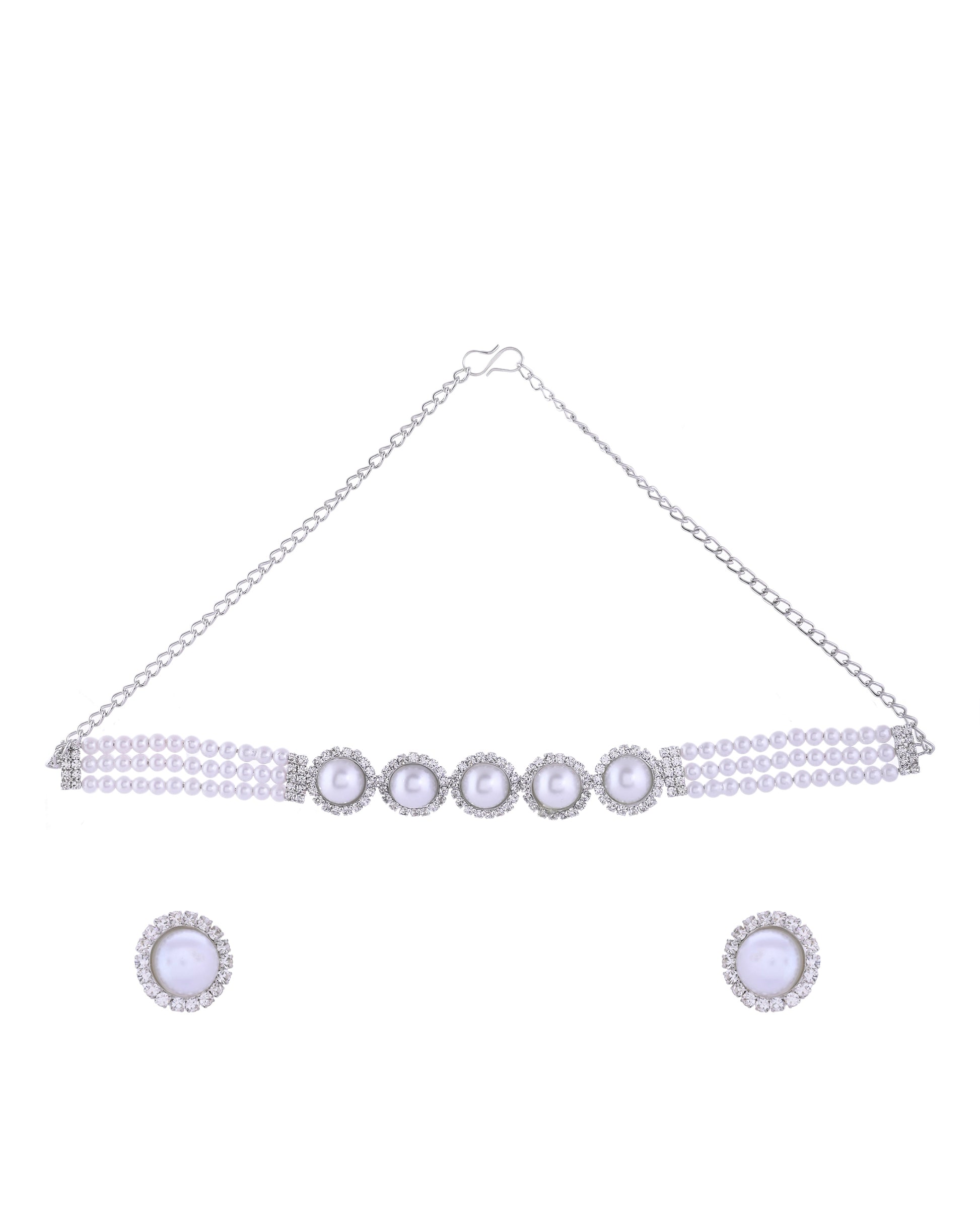 VOJ Silver Plated White Pearl And CZ Stone Choker Set - Distacart