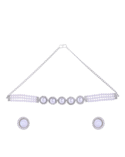 VOJ Silver Plated White Pearl And CZ Stone Choker Set - Distacart