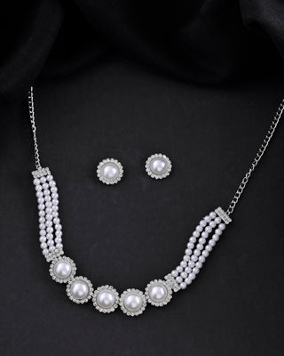 VOJ Silver Plated White Pearl And CZ Stone Choker Set
