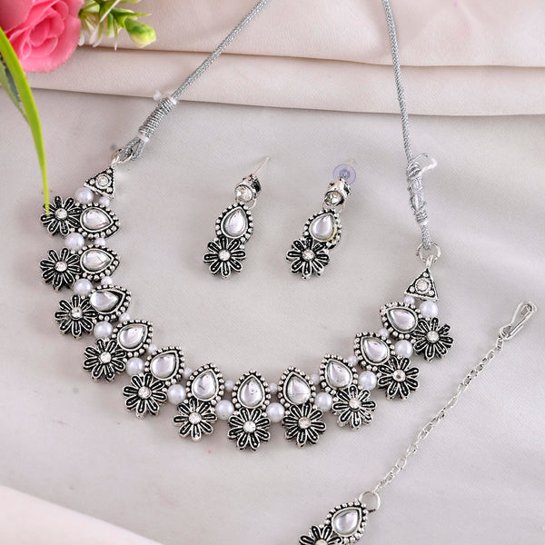 VOJ Oxidized Floral Designed Stone Studded Necklace Set - Distacart