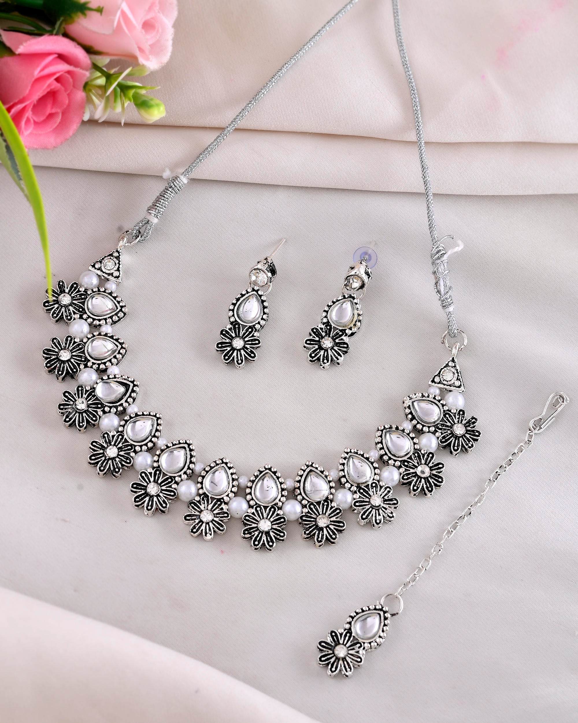 VOJ Oxidized Floral Designed Stone Studded Necklace Set - Distacart