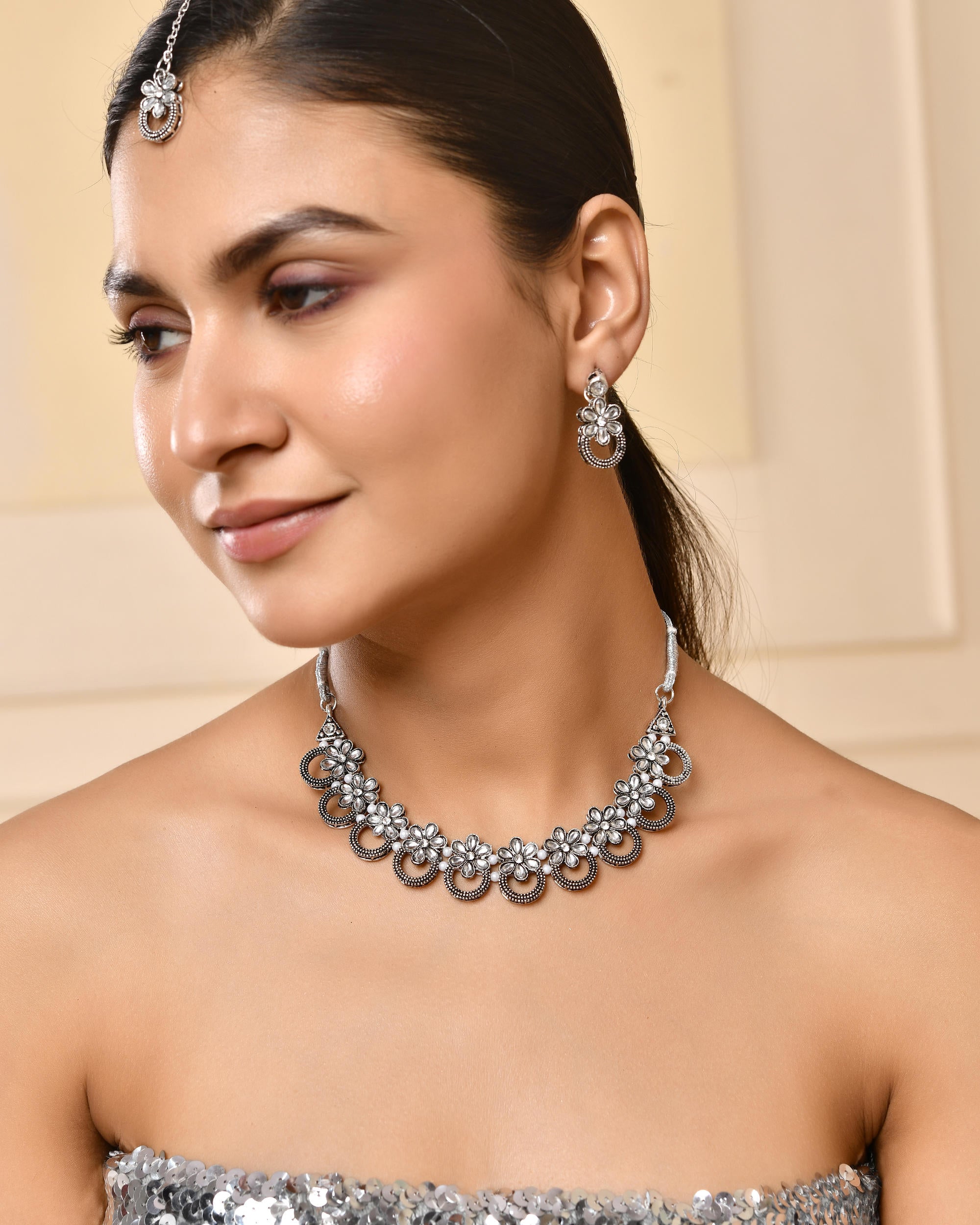 VOJ Oxidized Floral Stone Studded Necklace With Earrings Set - Distacart