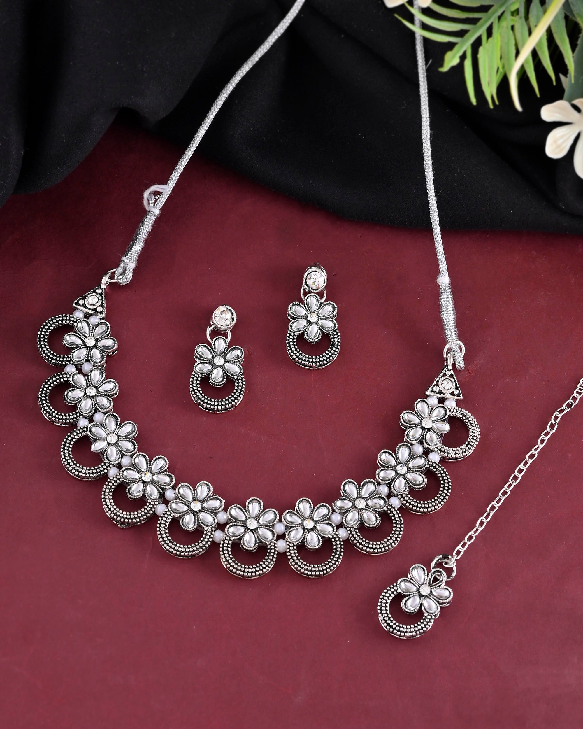 VOJ Oxidized Floral Stone Studded Necklace With Earrings Set - Distacart