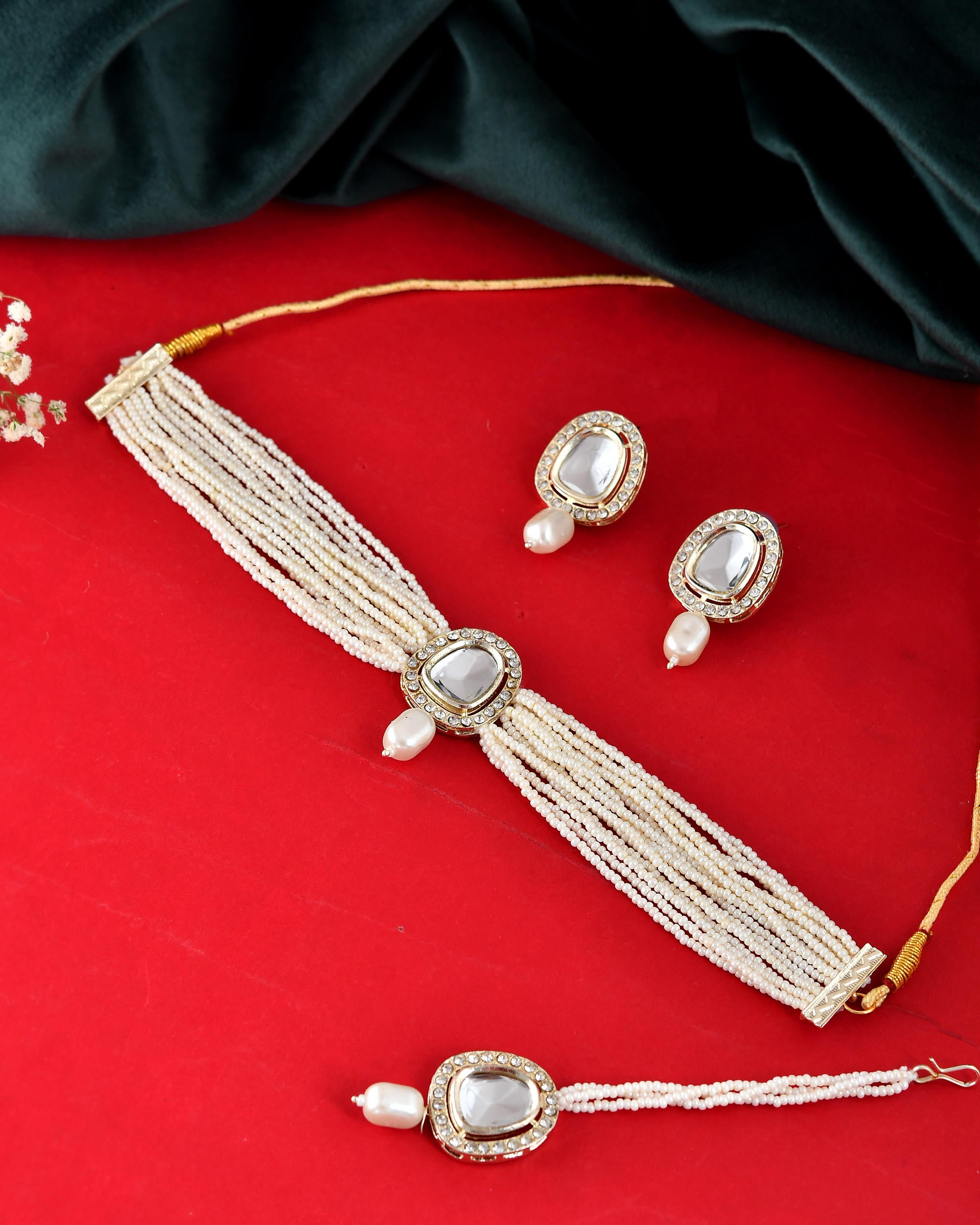 VOJ White Kundan Studded Choker Set - Distacart