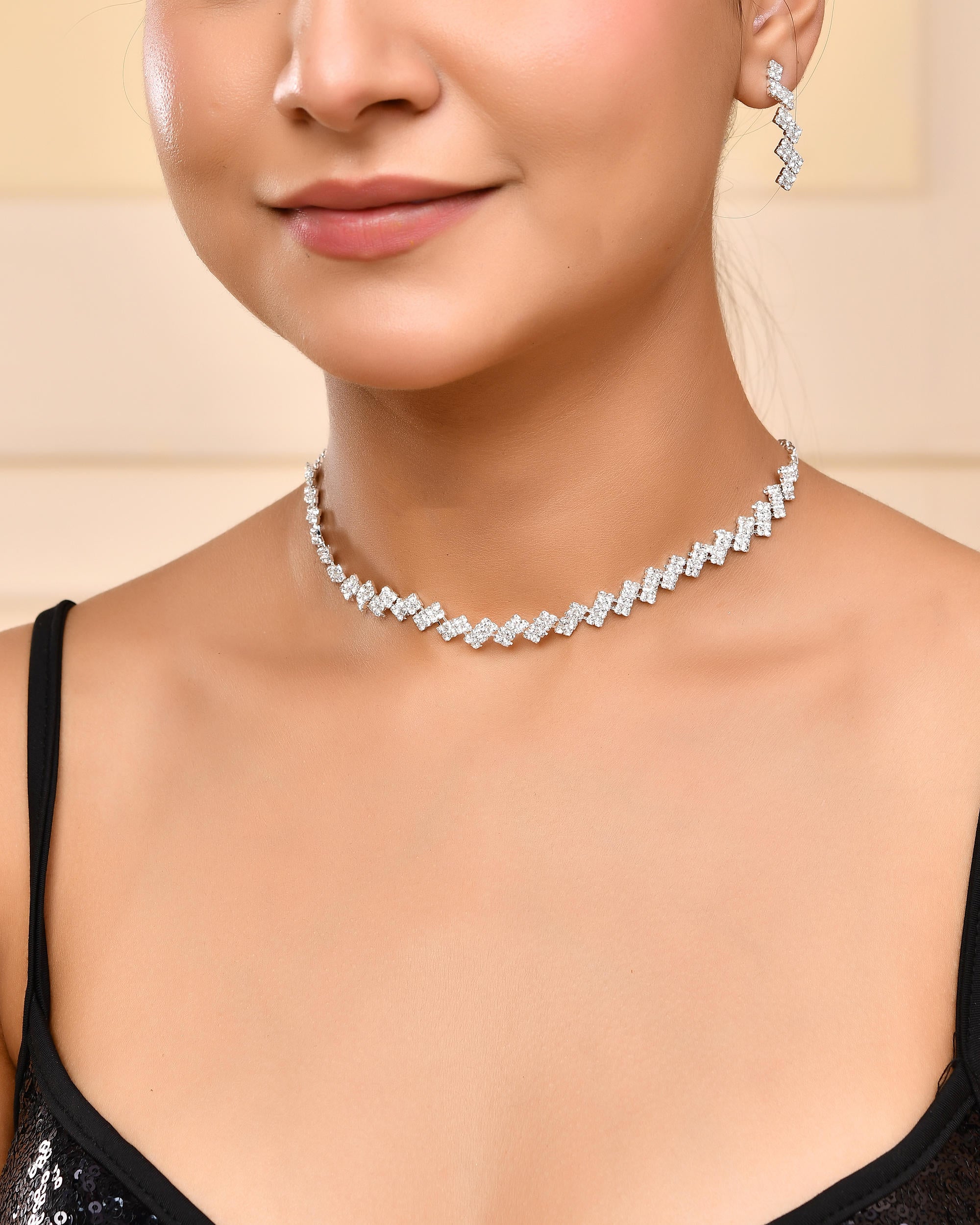 VOJ Silver Plated Stones Studded minimal Designed Jewellery Set - Distacart