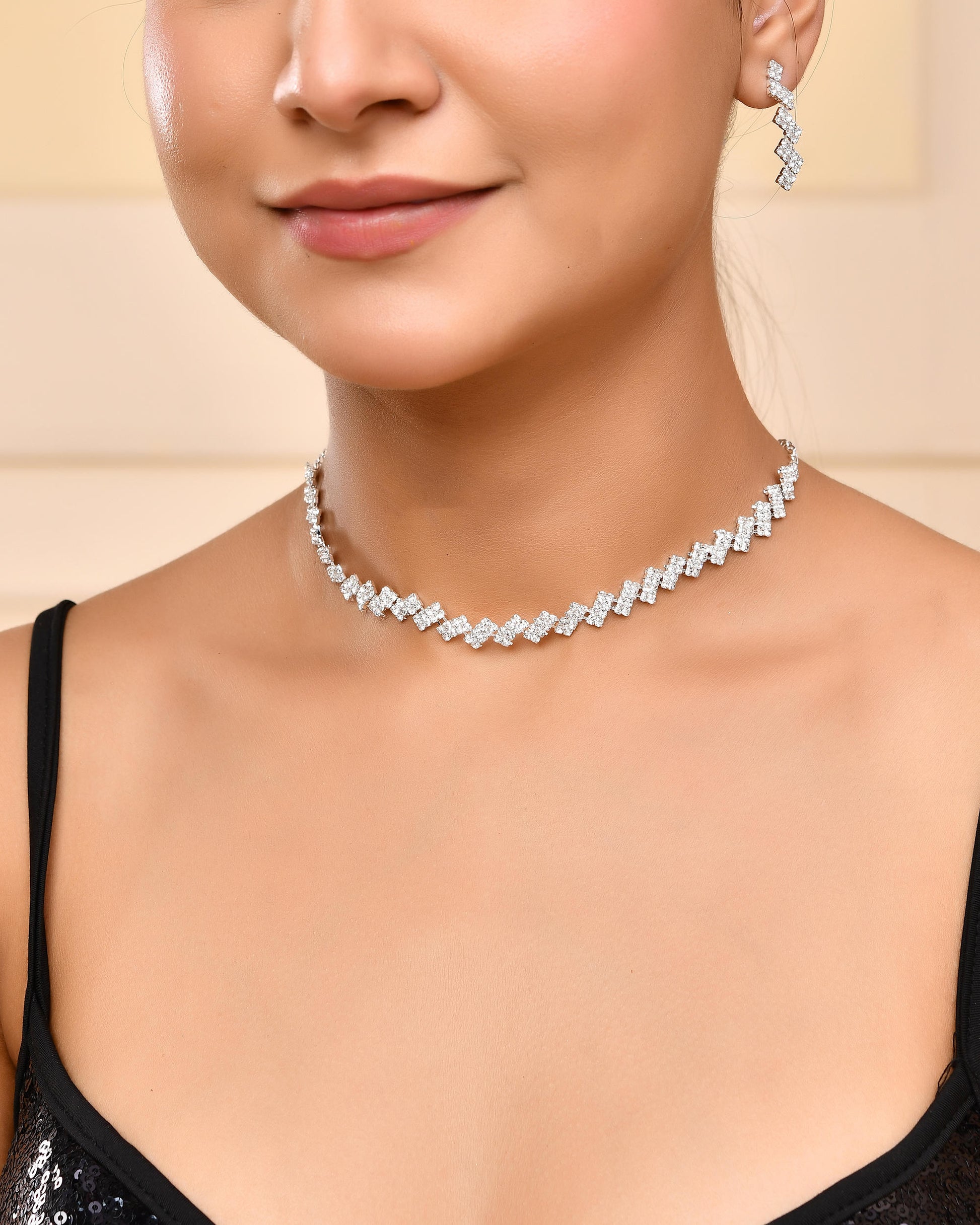 VOJ Silver Plated Stones Studded minimal Designed Jewellery Set - Distacart