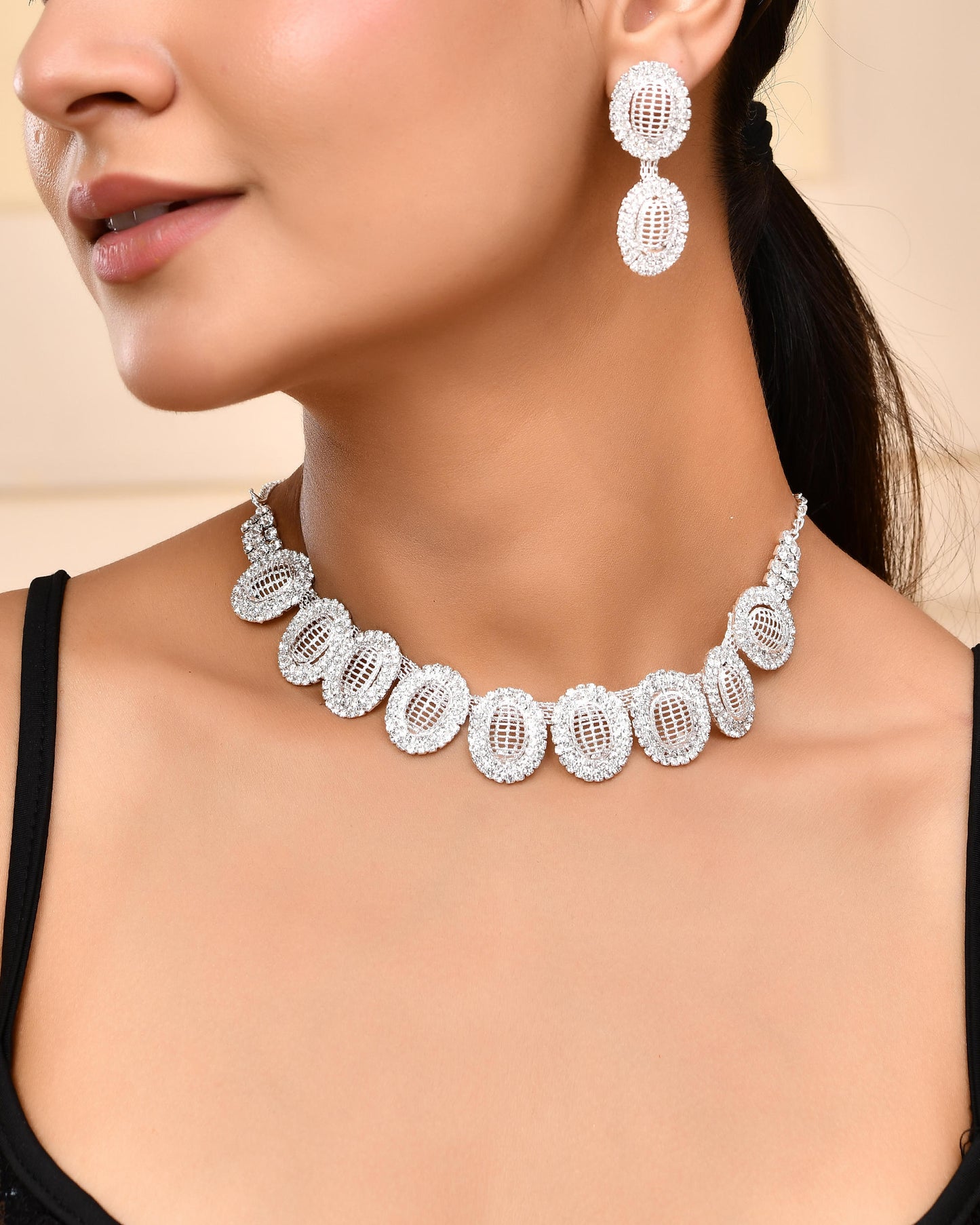 VOJ Silver-Plated Stones Studded Oval Shaped Jewellery Set - Distacart