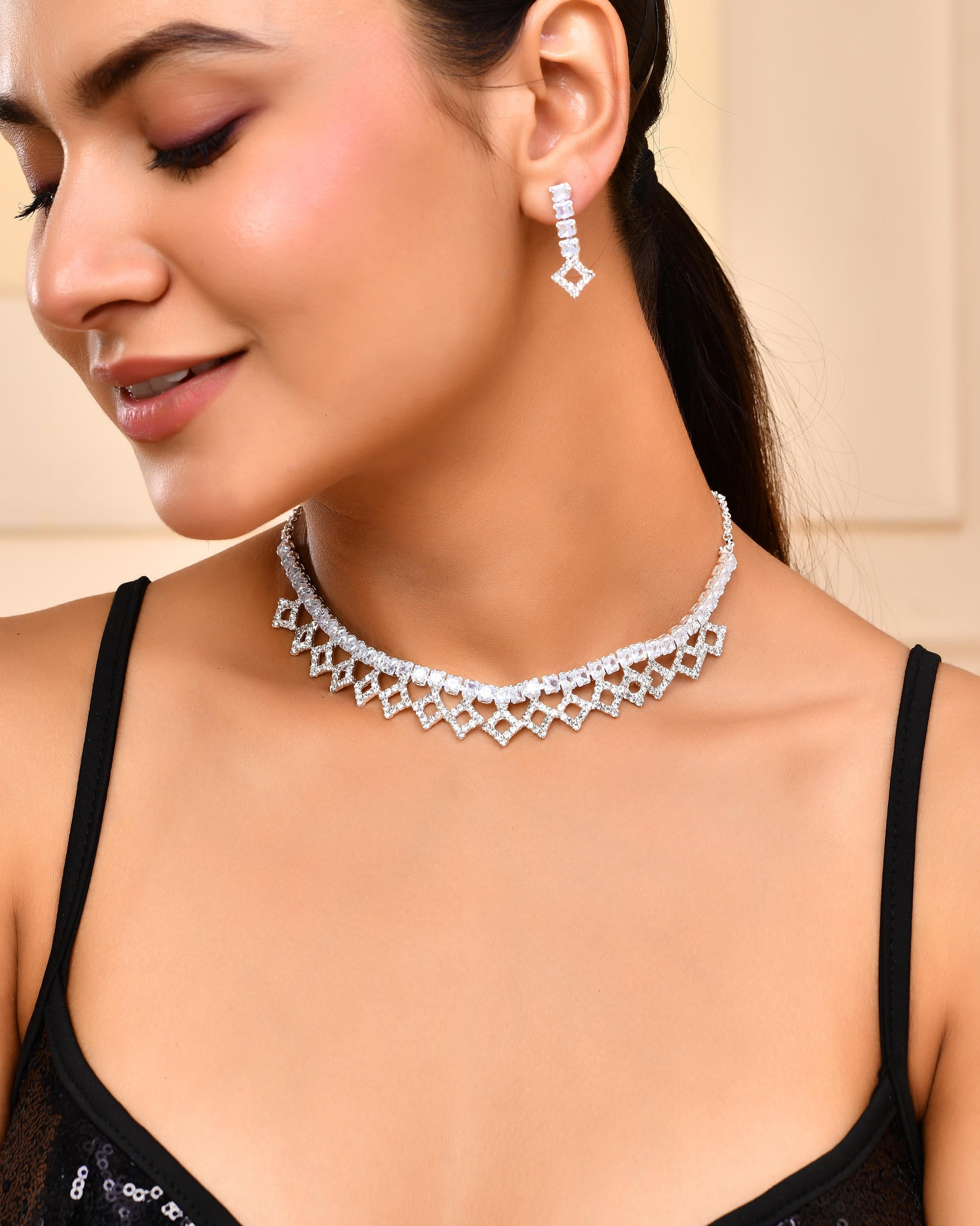 VOJ Silver-Plated Stones Studded Geomatrical Jewellery Set - Distacart