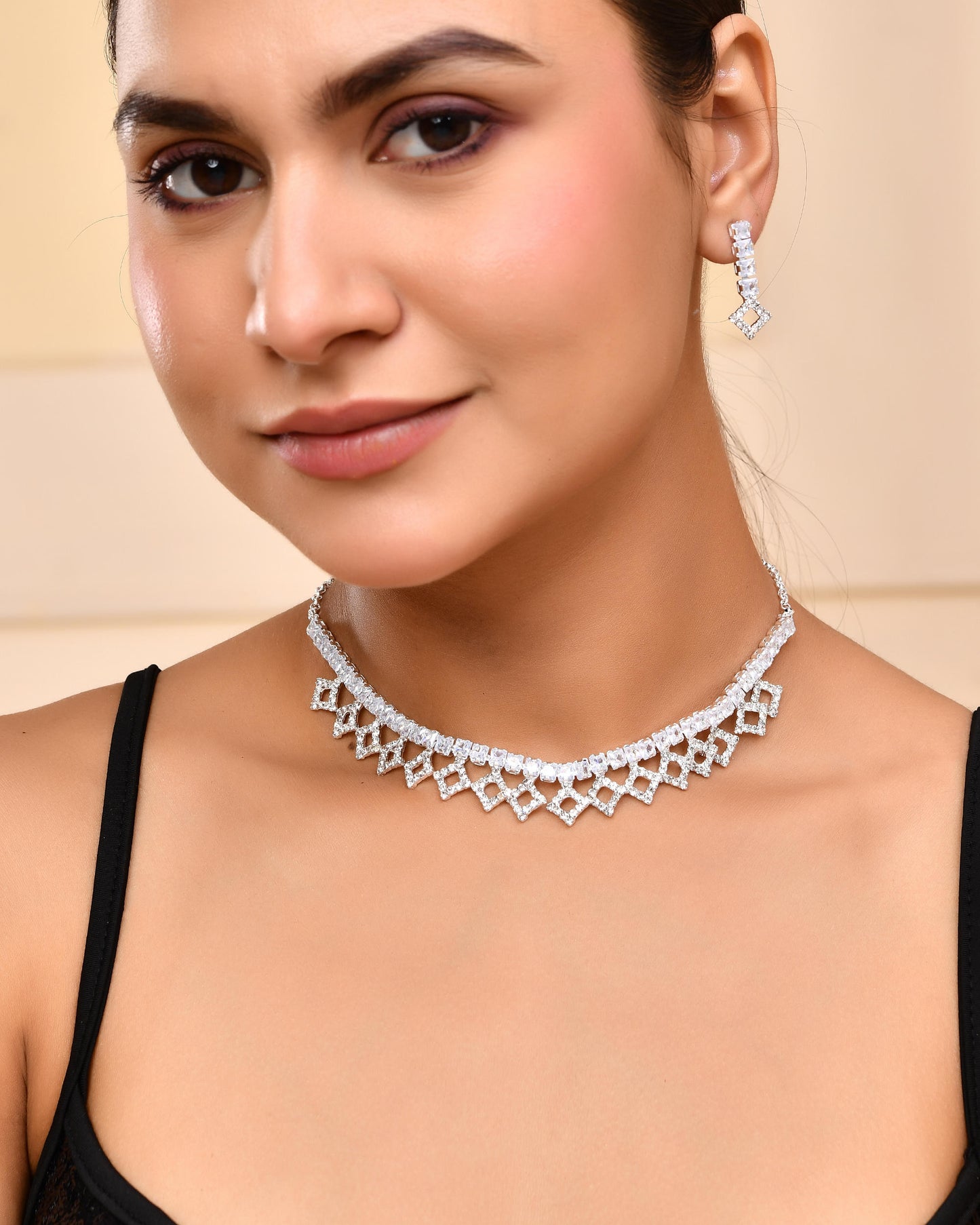 VOJ Silver-Plated Stones Studded Geomatrical Jewellery Set - Distacart
