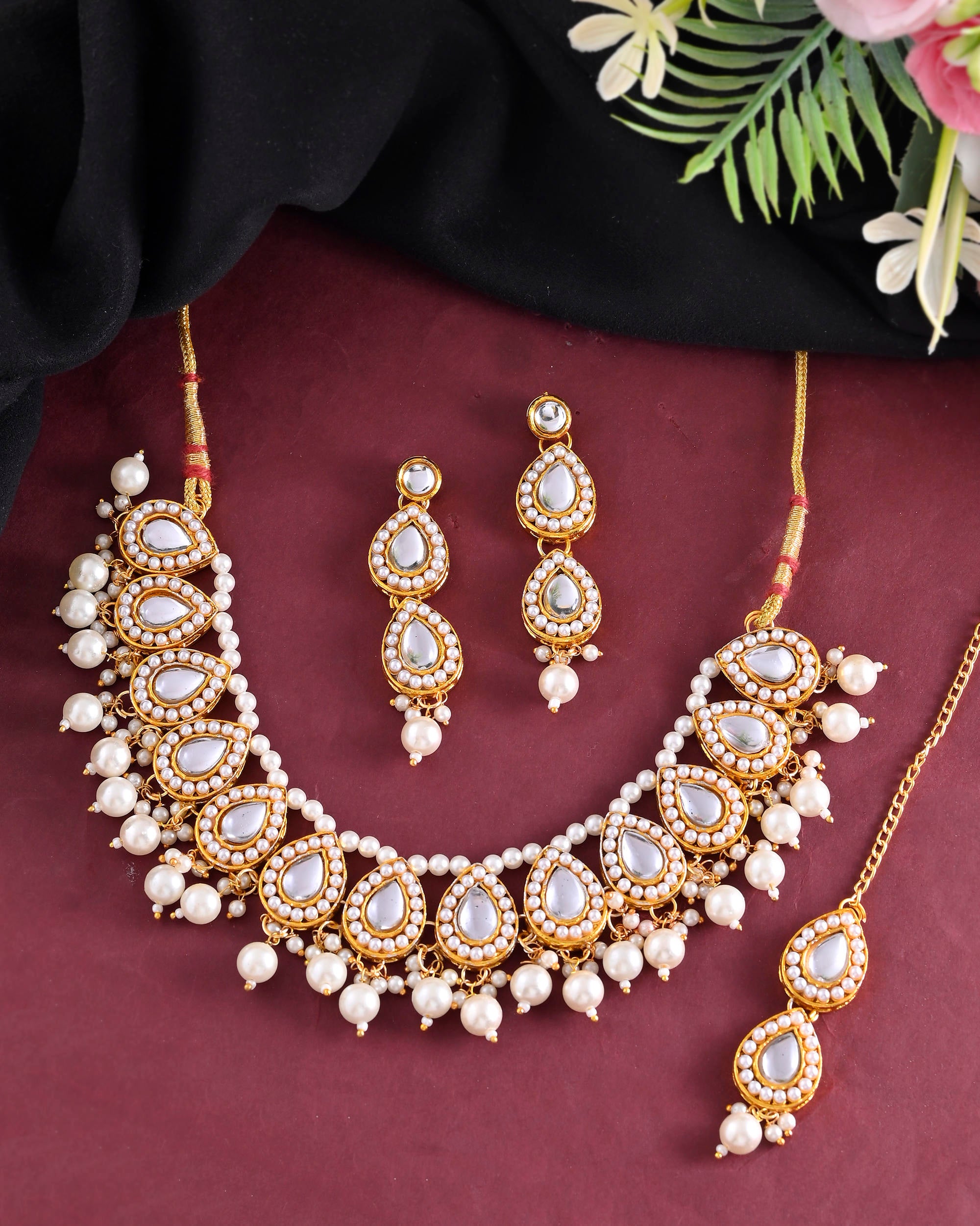 VOJ Gold-Polished Kundan Stones Studded Jewellery Set With Maang Tikka - Distacart