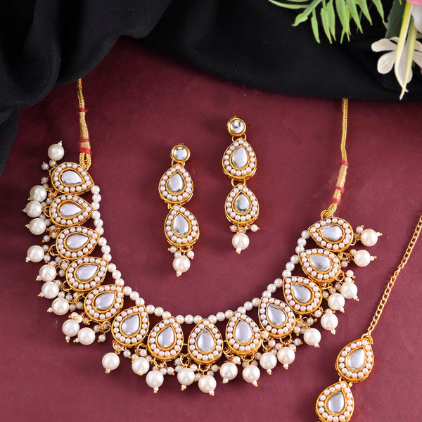 VOJ Gold-Polished Kundan Stones Studded Jewellery Set With Maang Tikka - Distacart