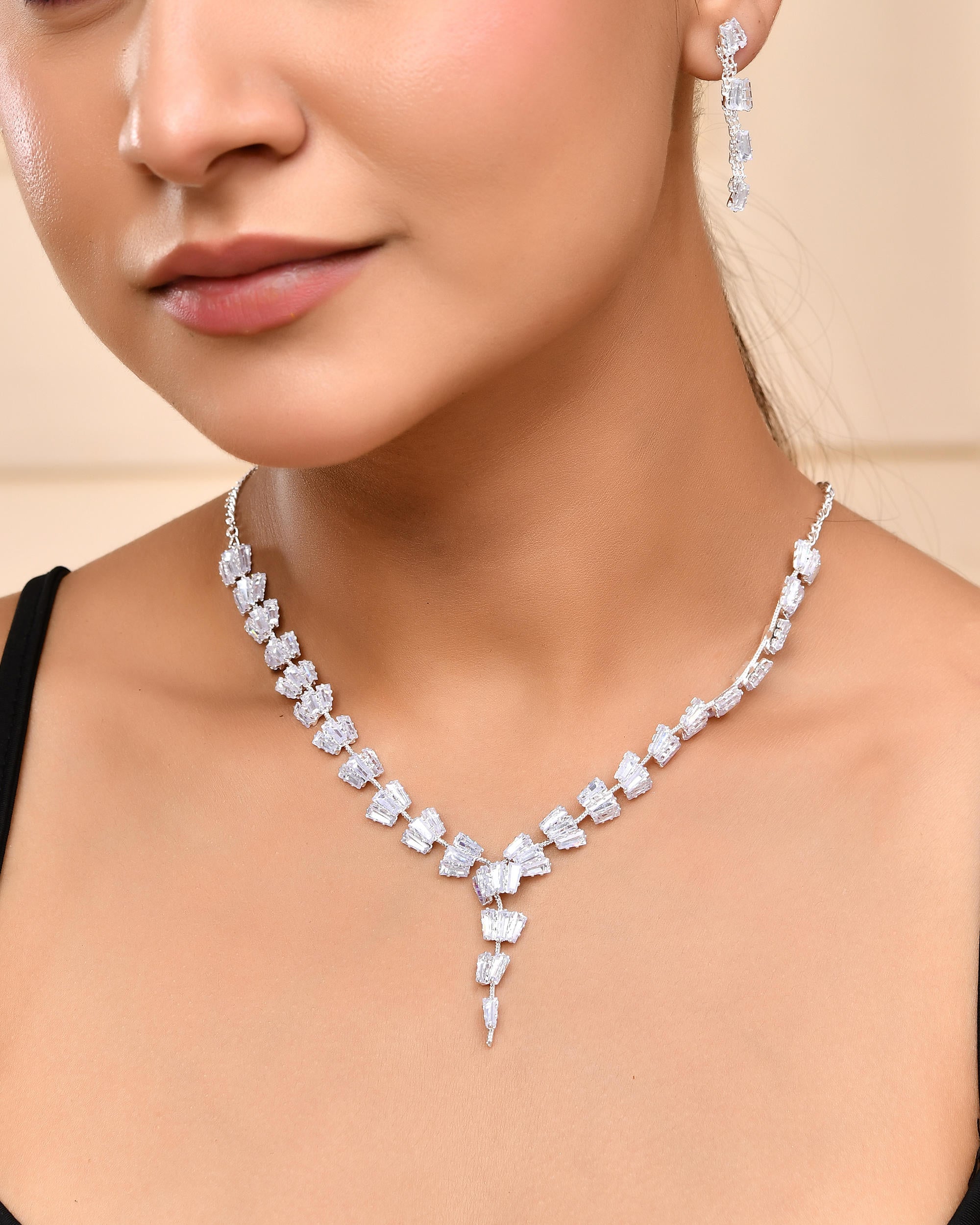 VOJ Silver Plated Artifical Stone Studded Necklace Set - Distacart