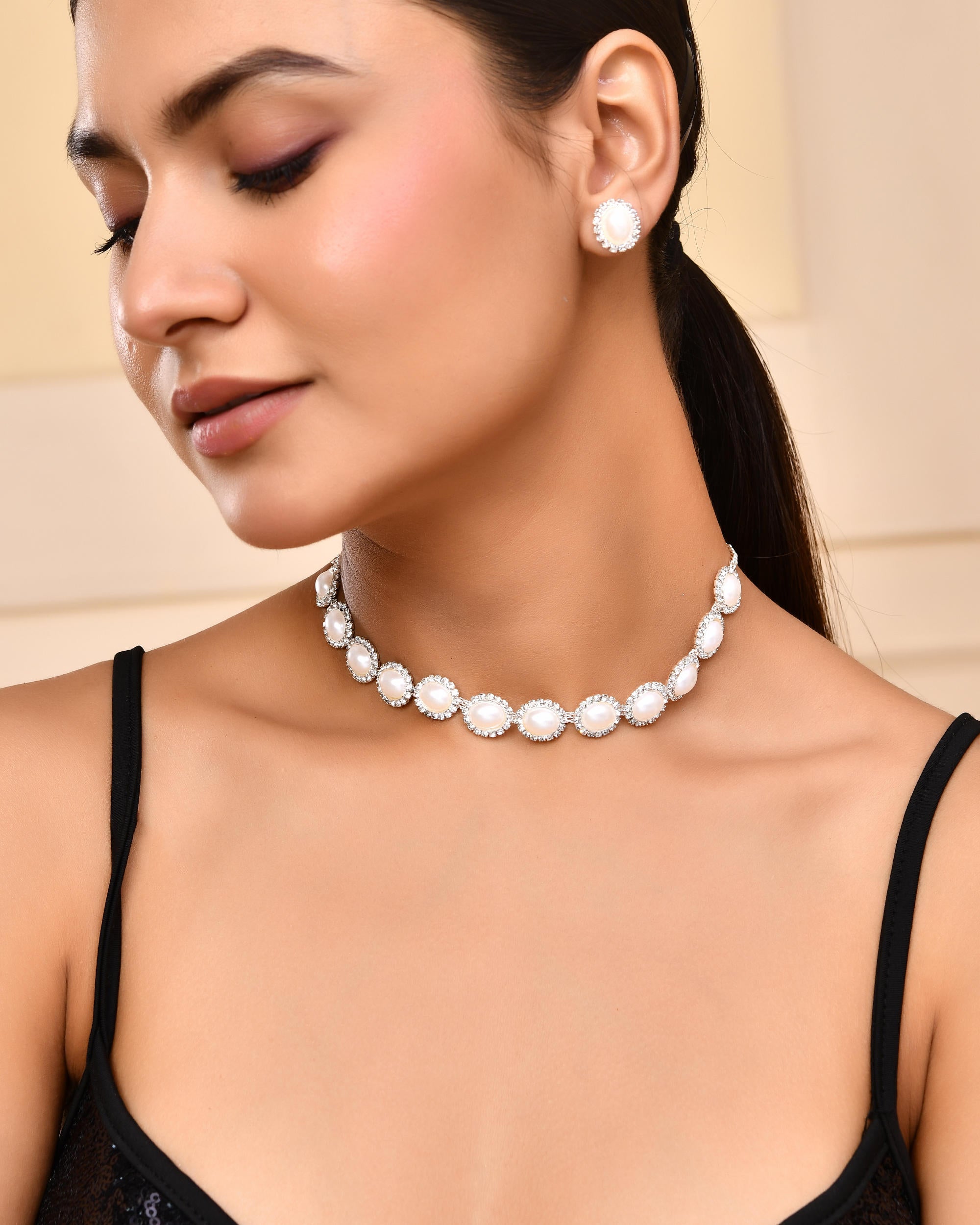 VOJ Silver Plated Pearl and Stones Studded Oval Shaped Jewellery Set - Distacart