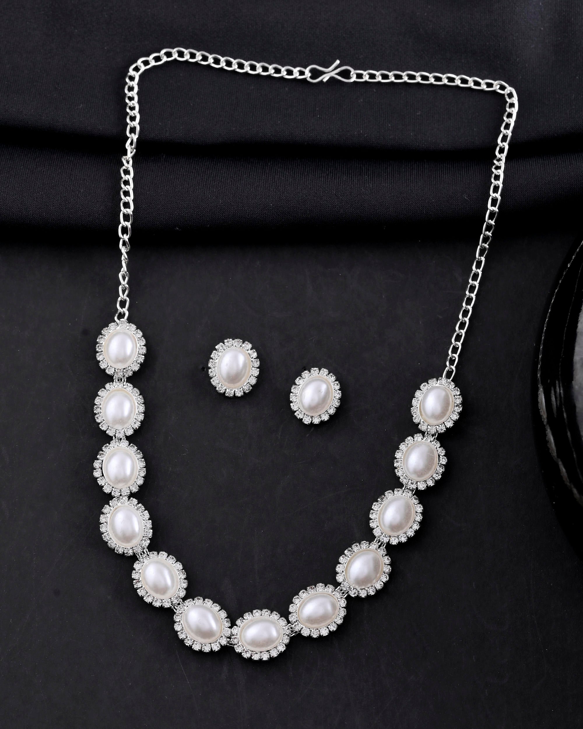 VOJ Silver Plated Pearl and Stones Studded Oval Shaped Jewellery Set - Distacart