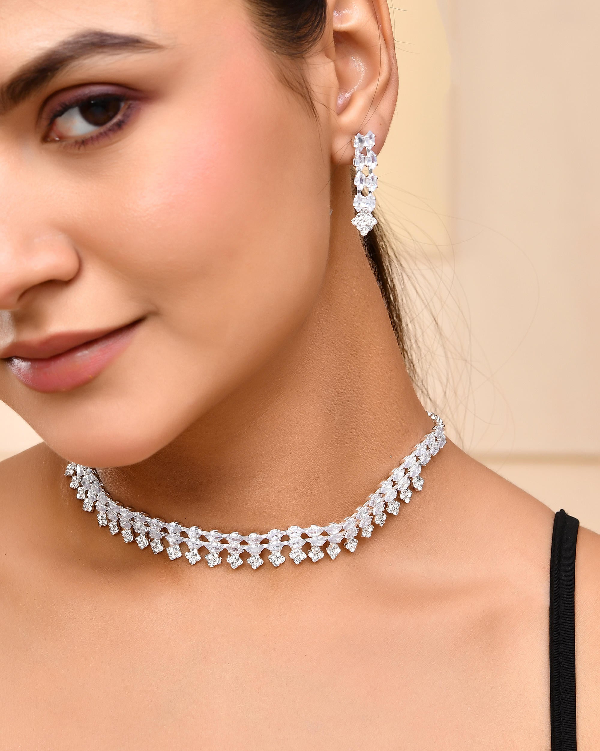 VOJ Silver Plated CZ Stones Studded Necklace Set - Distacart