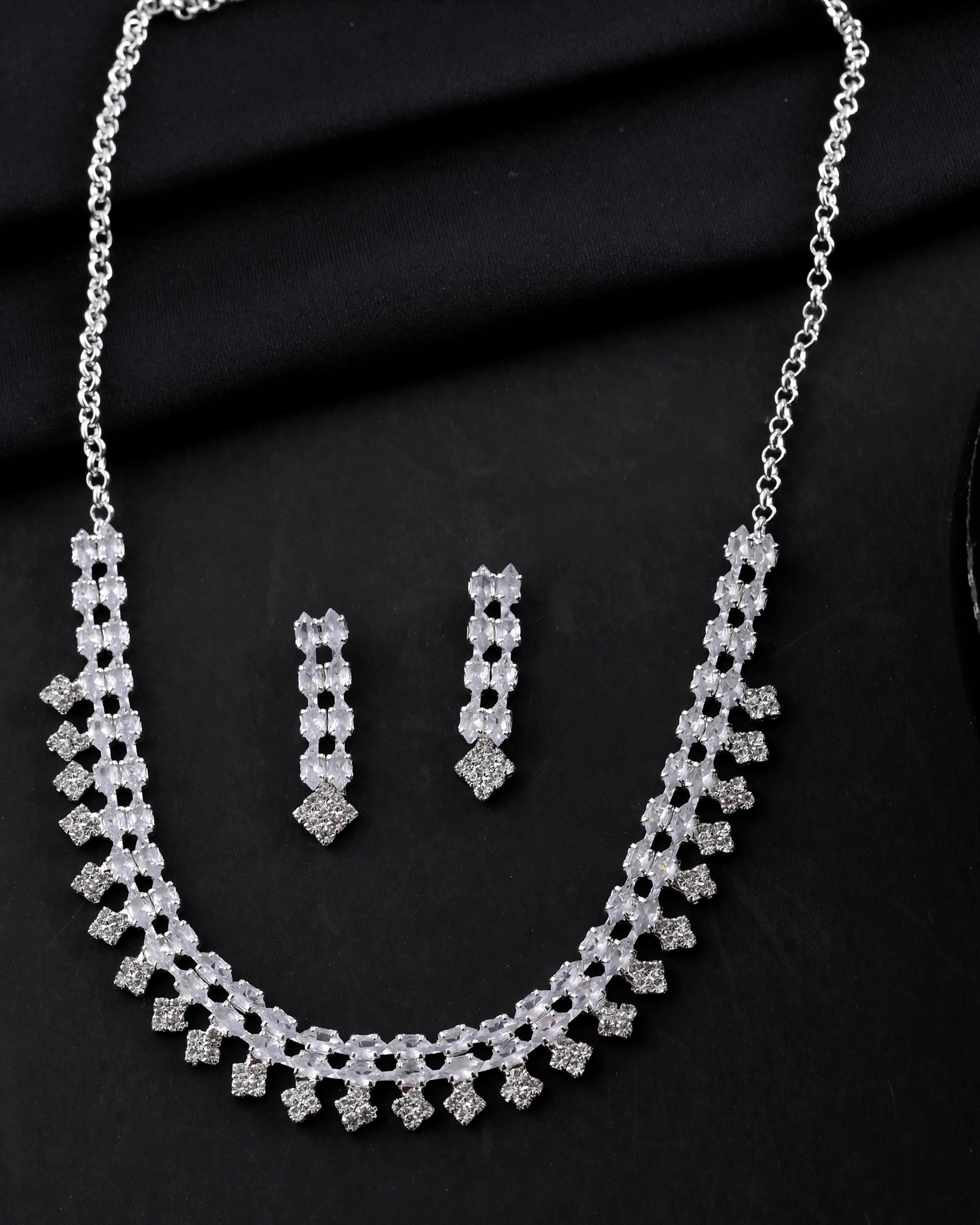 VOJ Silver Plated CZ Stones Studded Necklace Set - Distacart