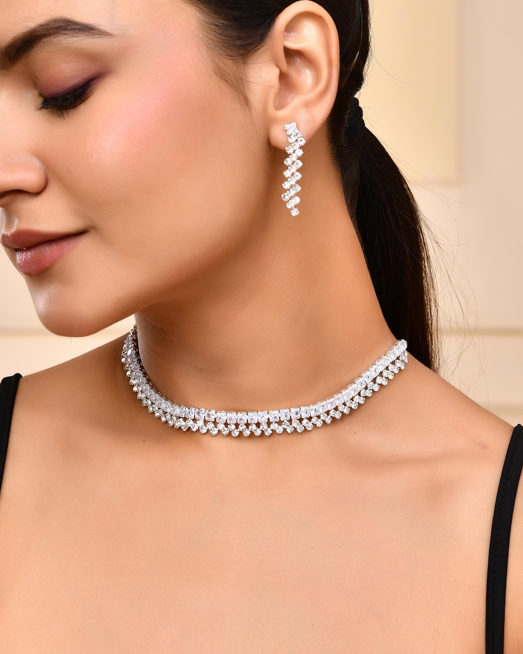 VOJ Silver Plated CZ And Artifical Stones Studded Necklace Set - Distacart