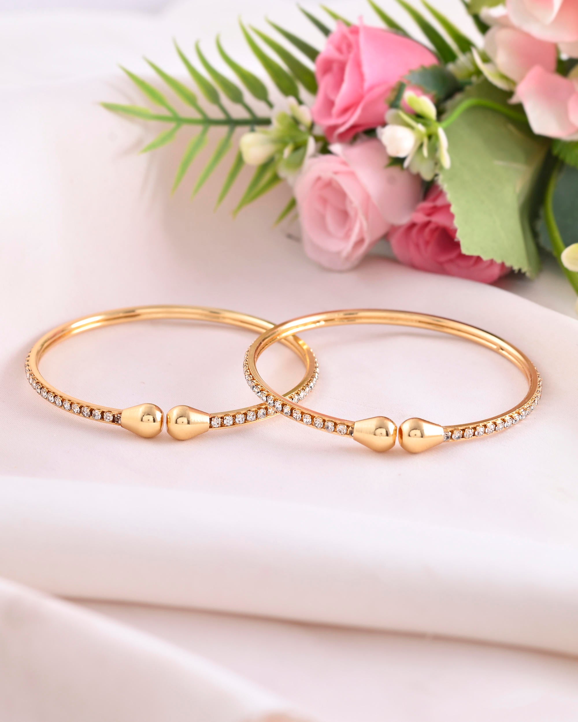 VOJ Set of 2 Gold-Polished AD Stones Studded Minimal Bangles - Distacart