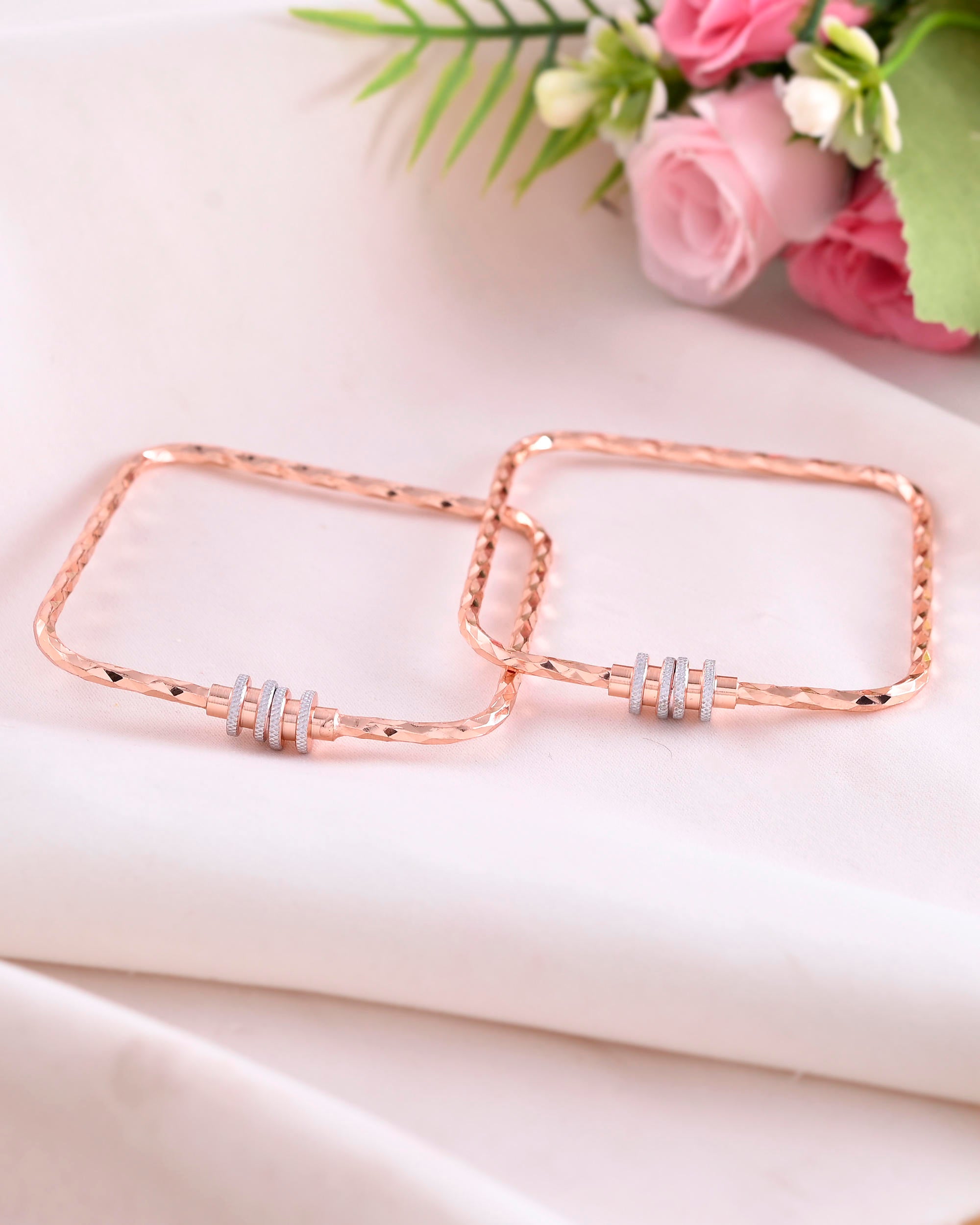 VOJ Set of 2 Rose Gold-Polished Square Shaped Bangles - Distacart