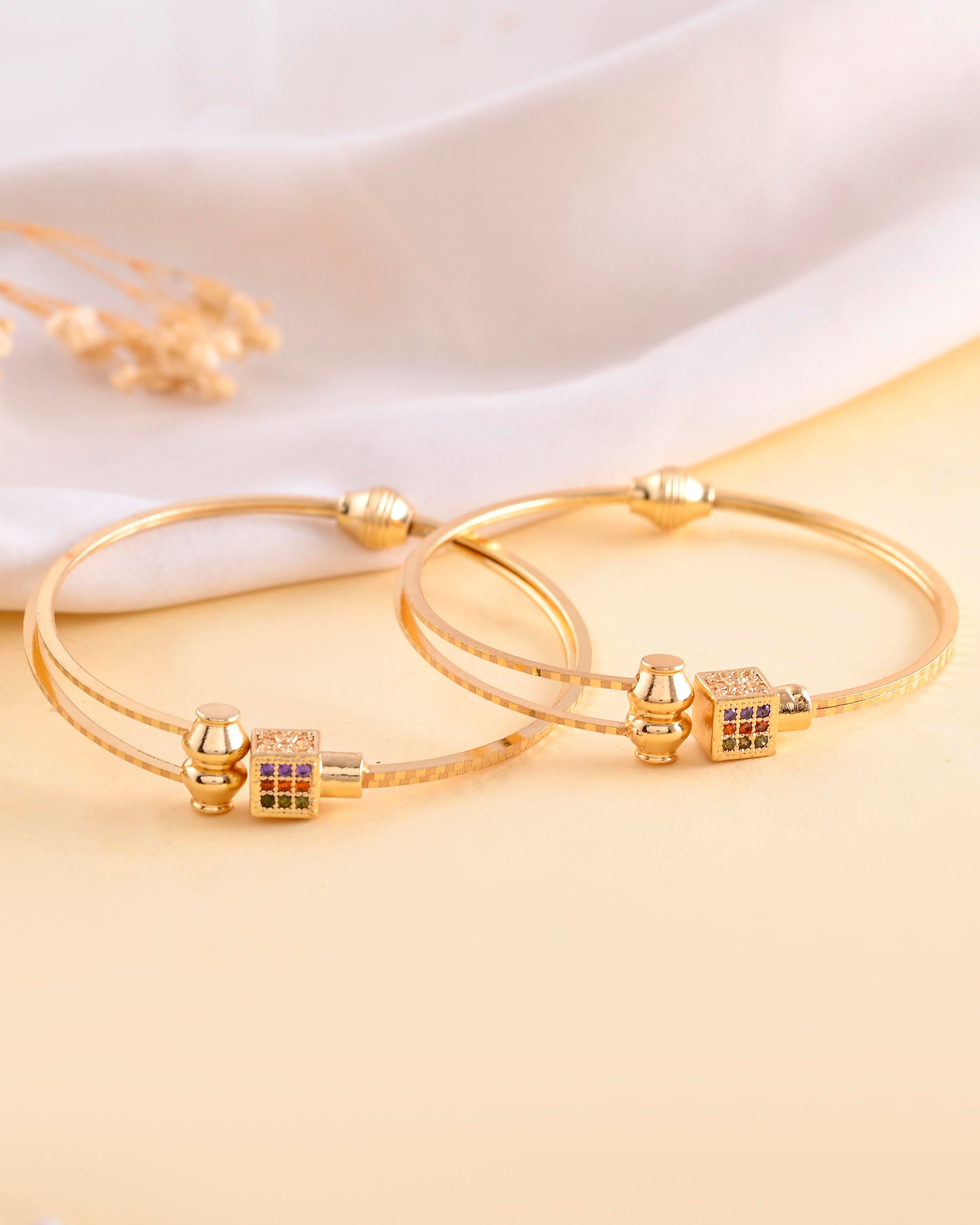 VOJ Set of 2 Gold-Polished Mutli Colour Stones Studded Square Shaped Bangles - Distacart