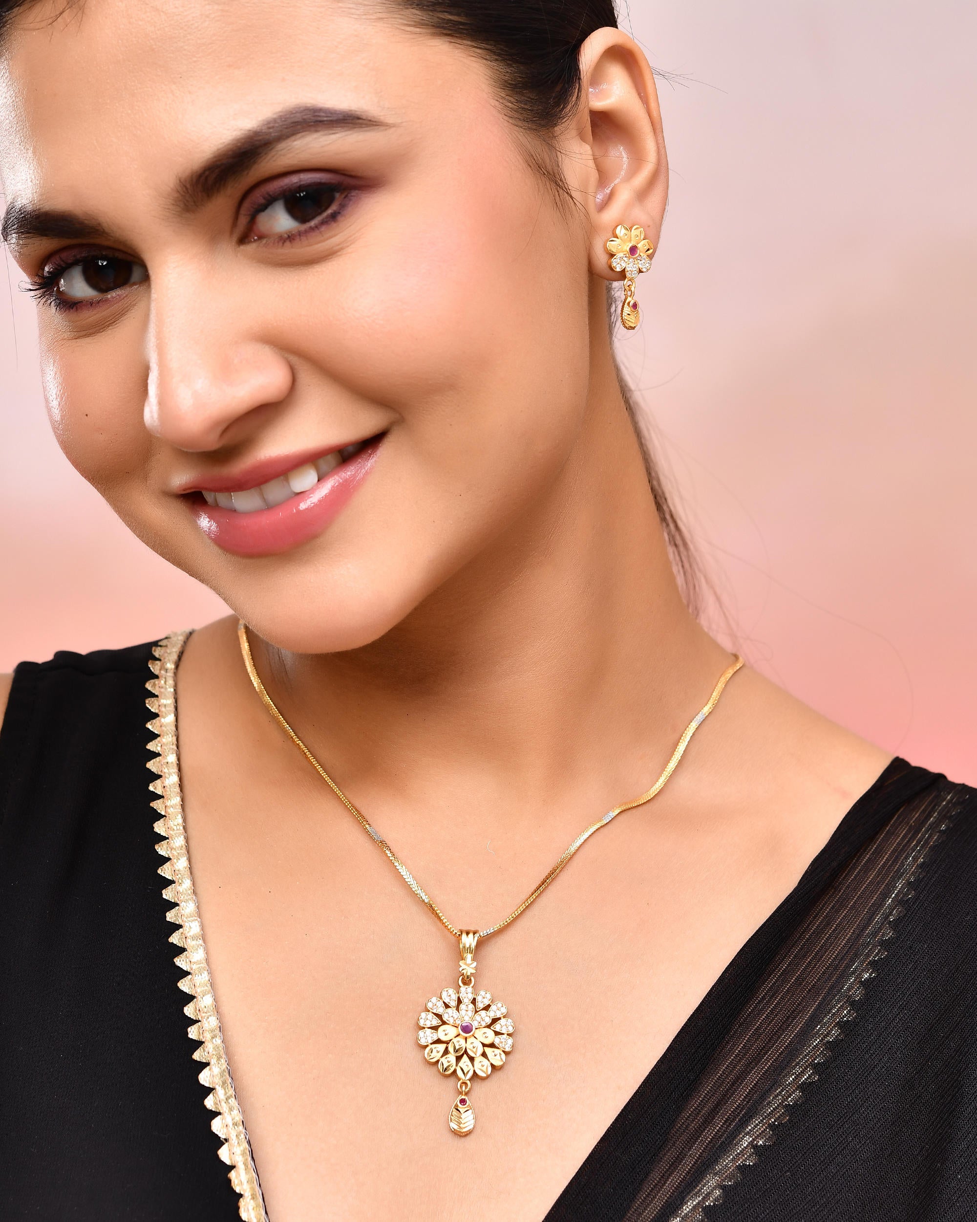 VOJ Gold-Polished Floral Shaped AD Stone Studded Chain Set - Distacart