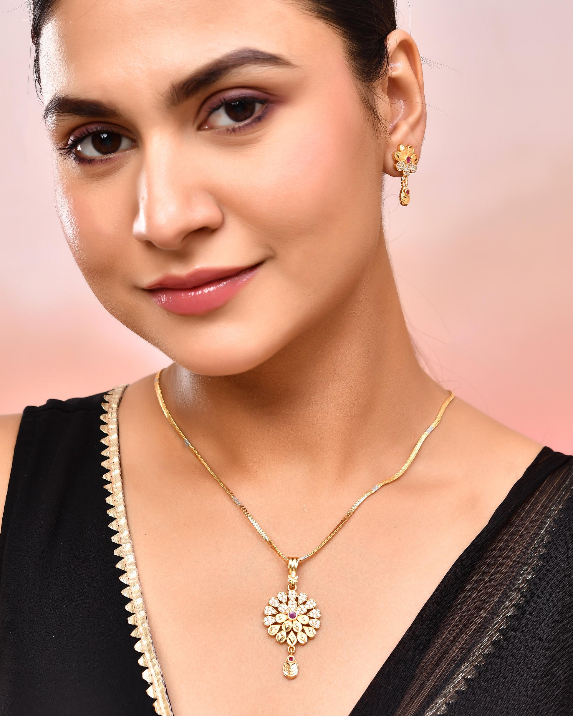 VOJ Gold-Polished Floral Shaped AD Stone Studded Chain Set - Distacart