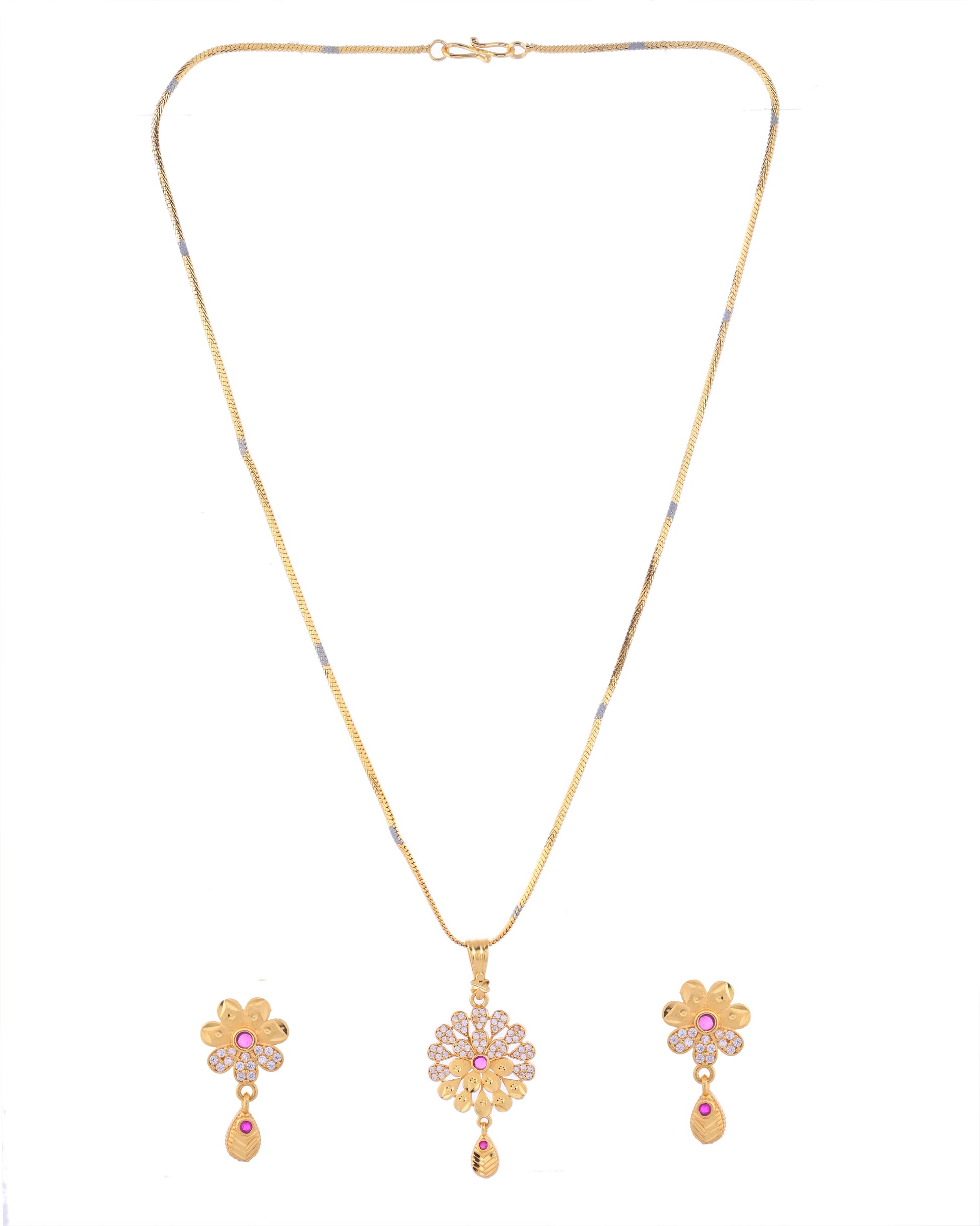 VOJ Gold-Polished Floral Shaped AD Stone Studded Chain Set - Distacart