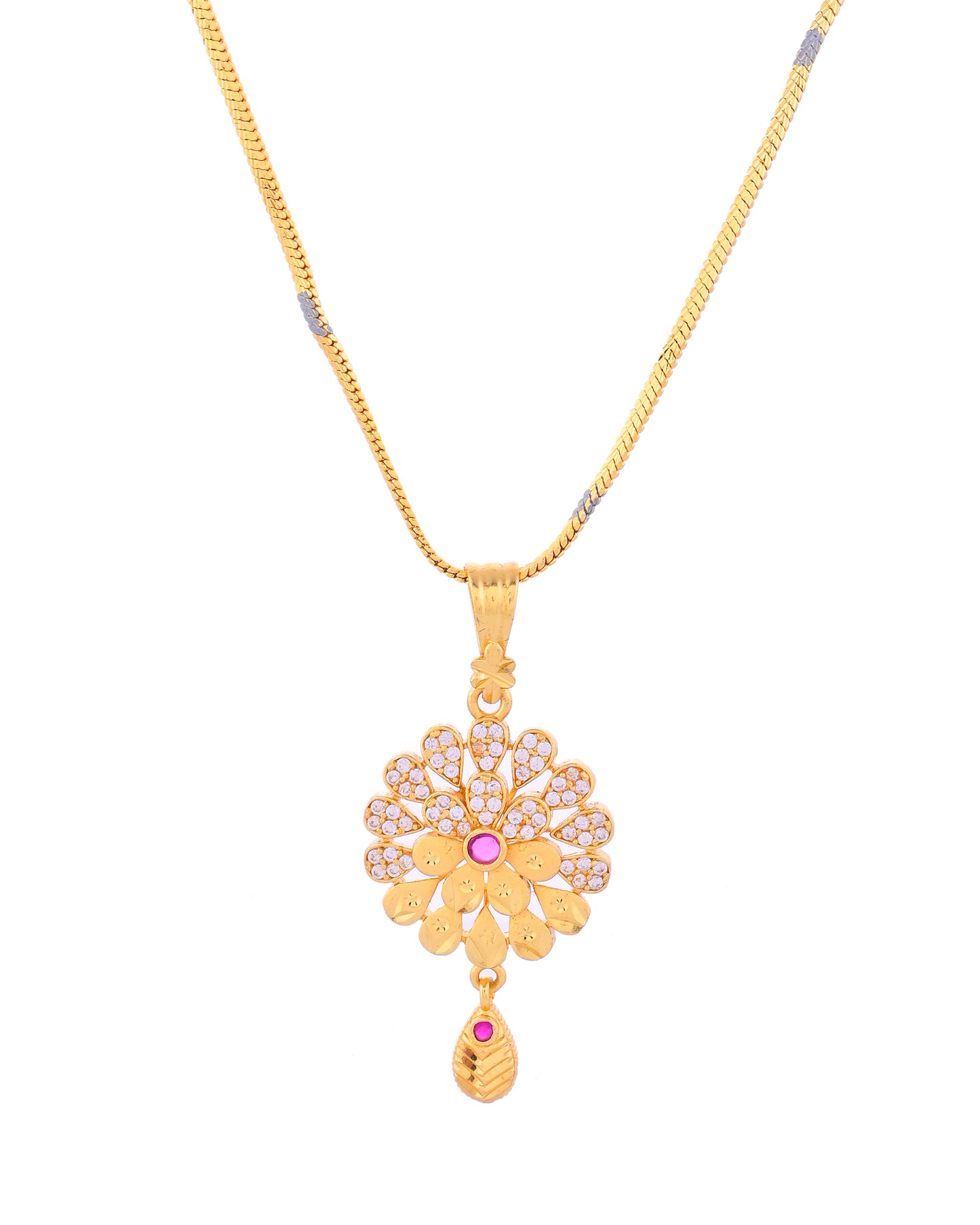 VOJ Gold-Polished Floral Shaped AD Stone Studded Chain Set - Distacart