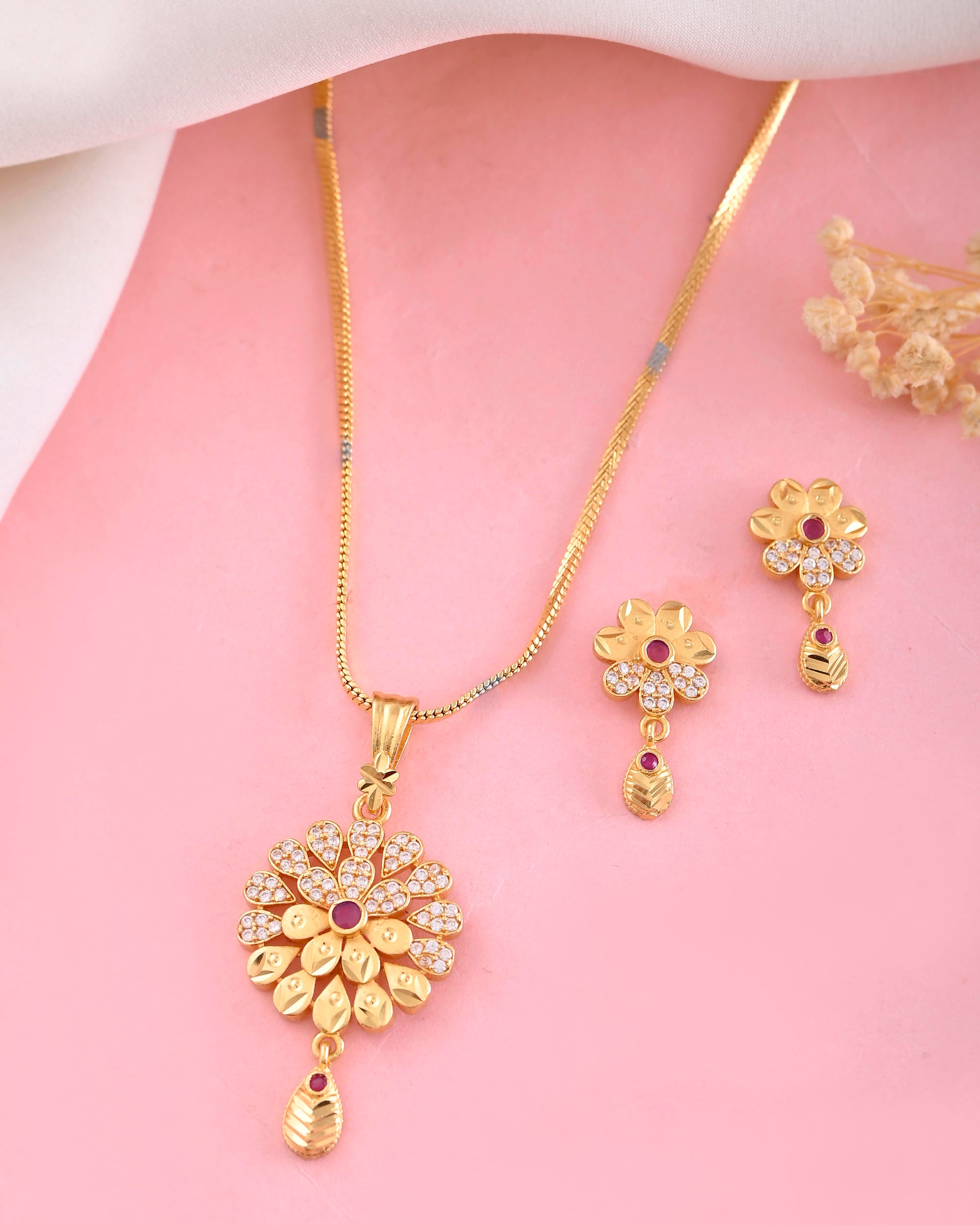 VOJ Gold-Polished Floral Shaped AD Stone Studded Chain Set - Distacart