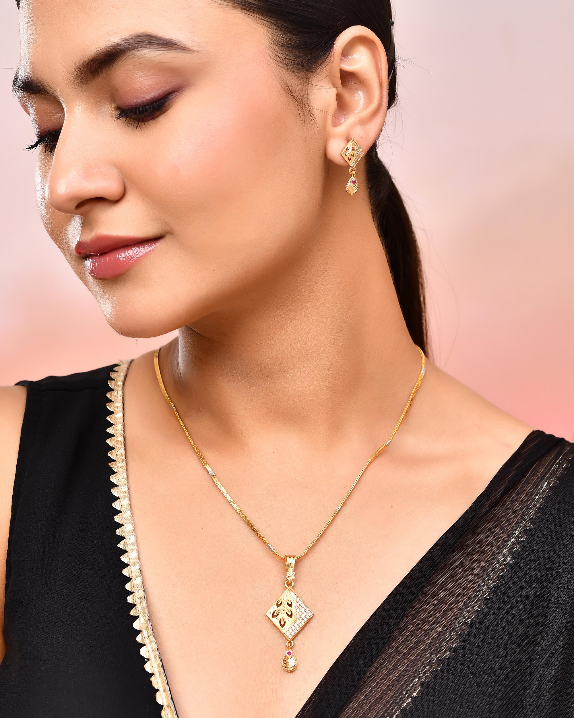 VOJ Gold-Polished Geomatrical AD Stone Studded Chain Set - Distacart