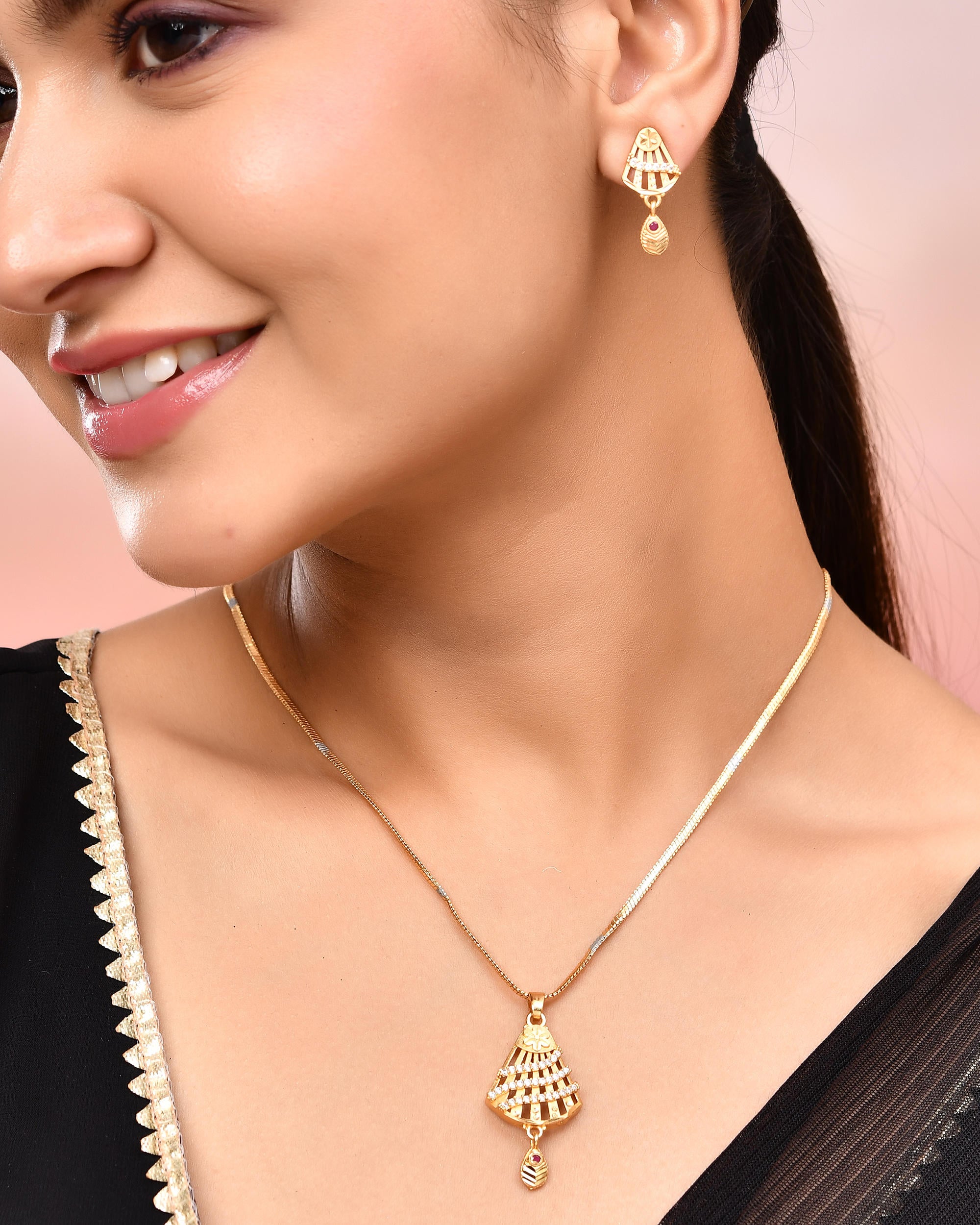 VOJ Gold-Polished Designer Shaped AD Stone Studded Chain Set - Distacart