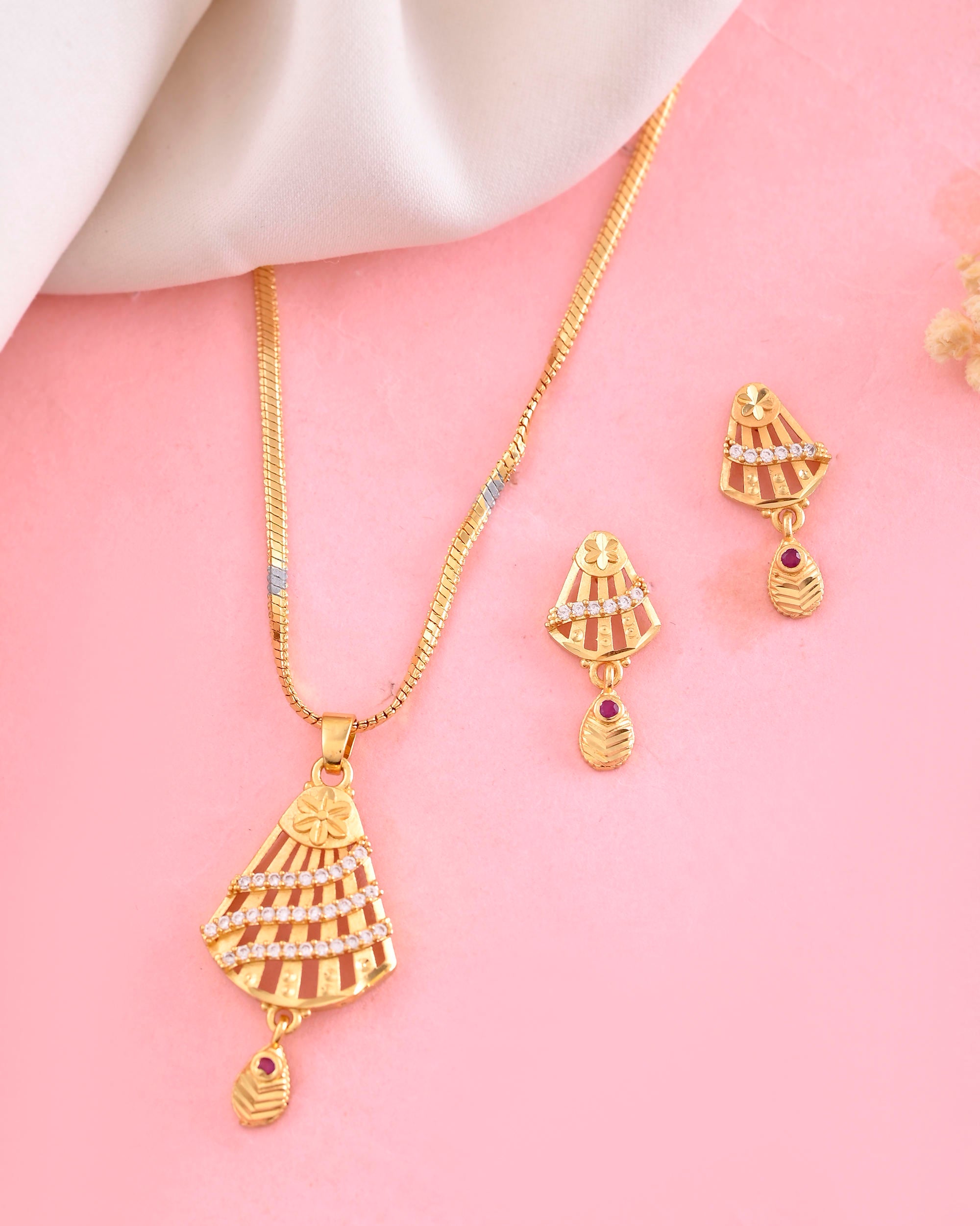 VOJ Gold-Polished Designer Shaped AD Stone Studded Chain Set - Distacart