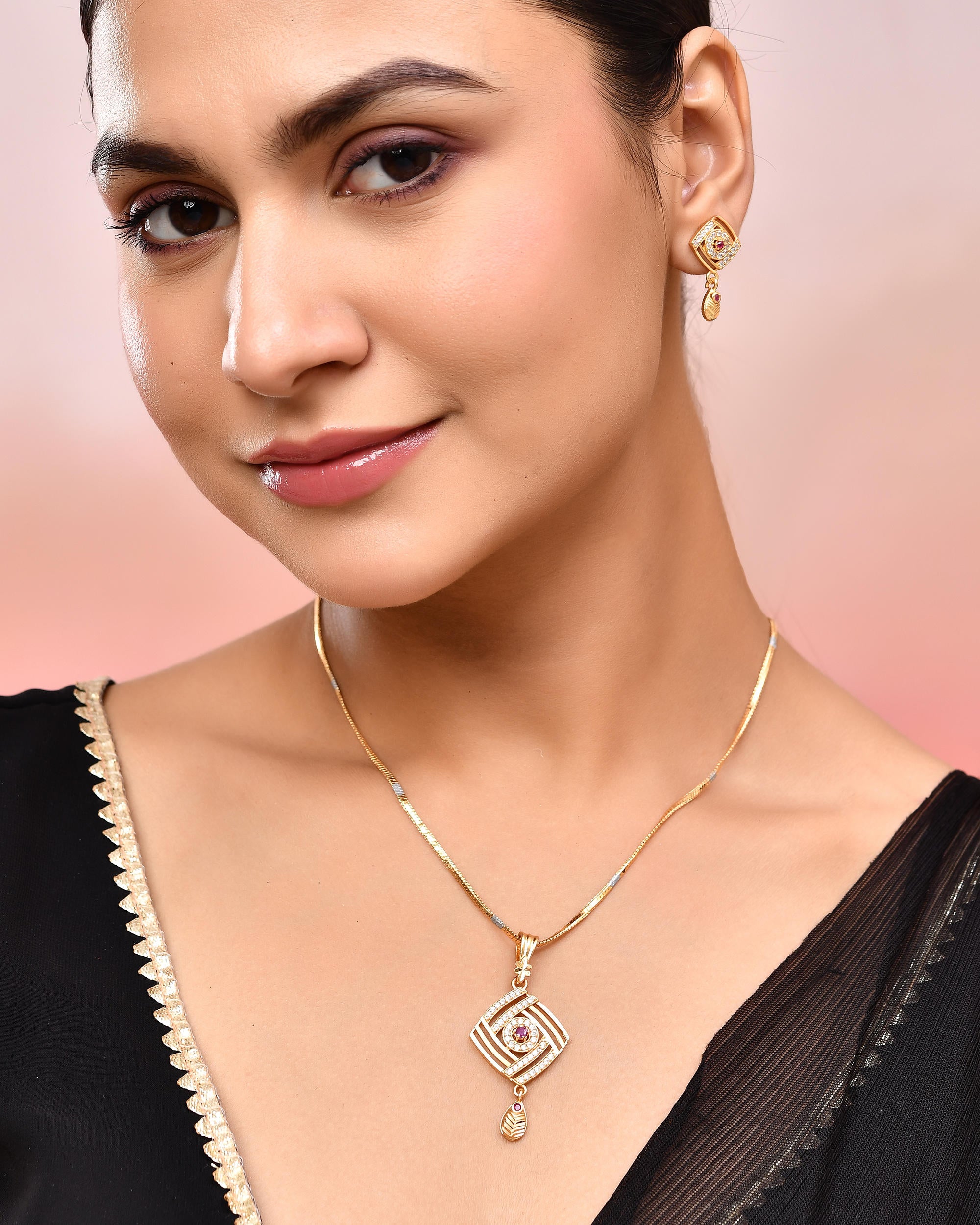 VOJ Gold-Polished Square Shaped AD Stone Studded Chain Set - Distacart