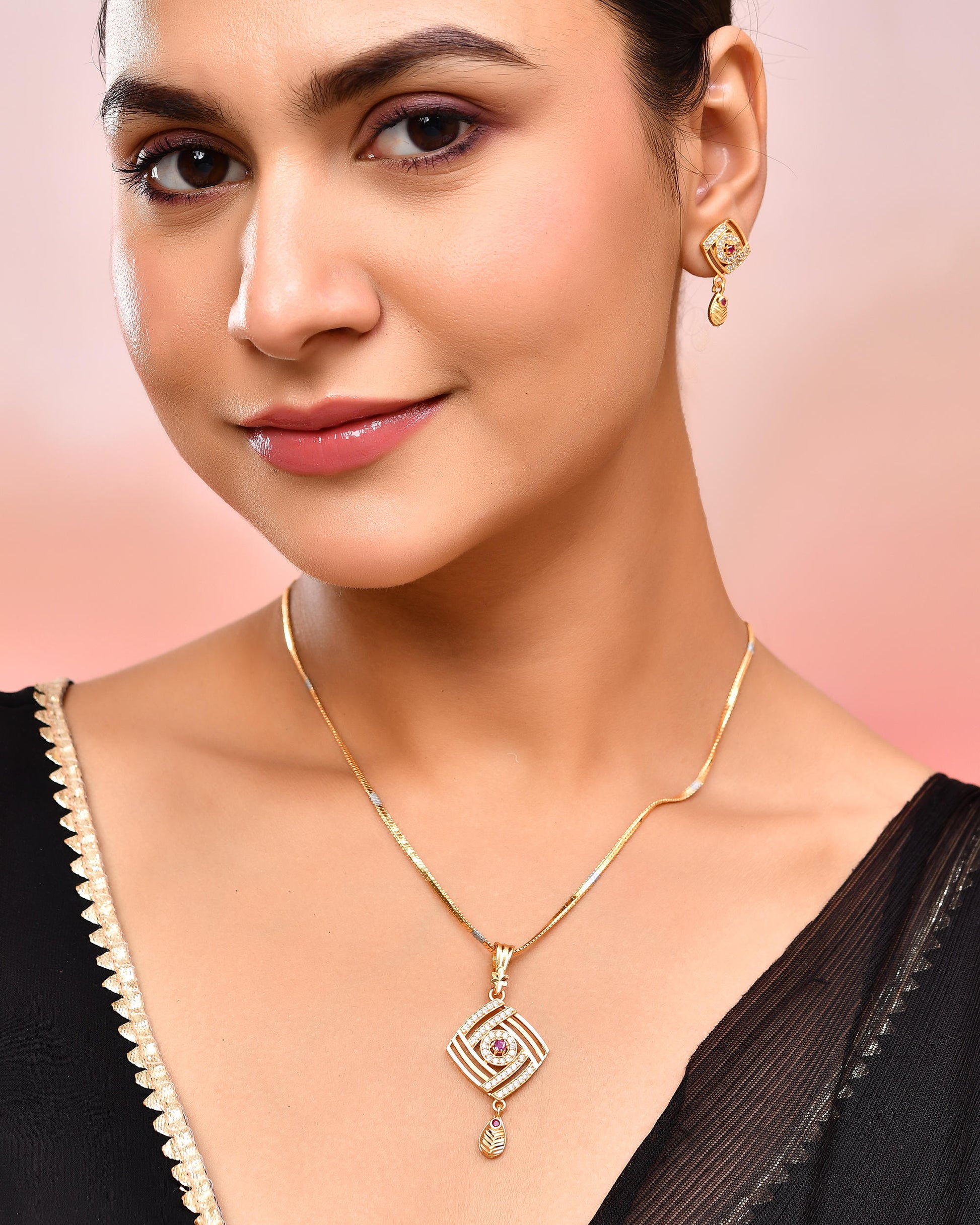 VOJ Gold-Polished Square Shaped AD Stone Studded Chain Set - Distacart